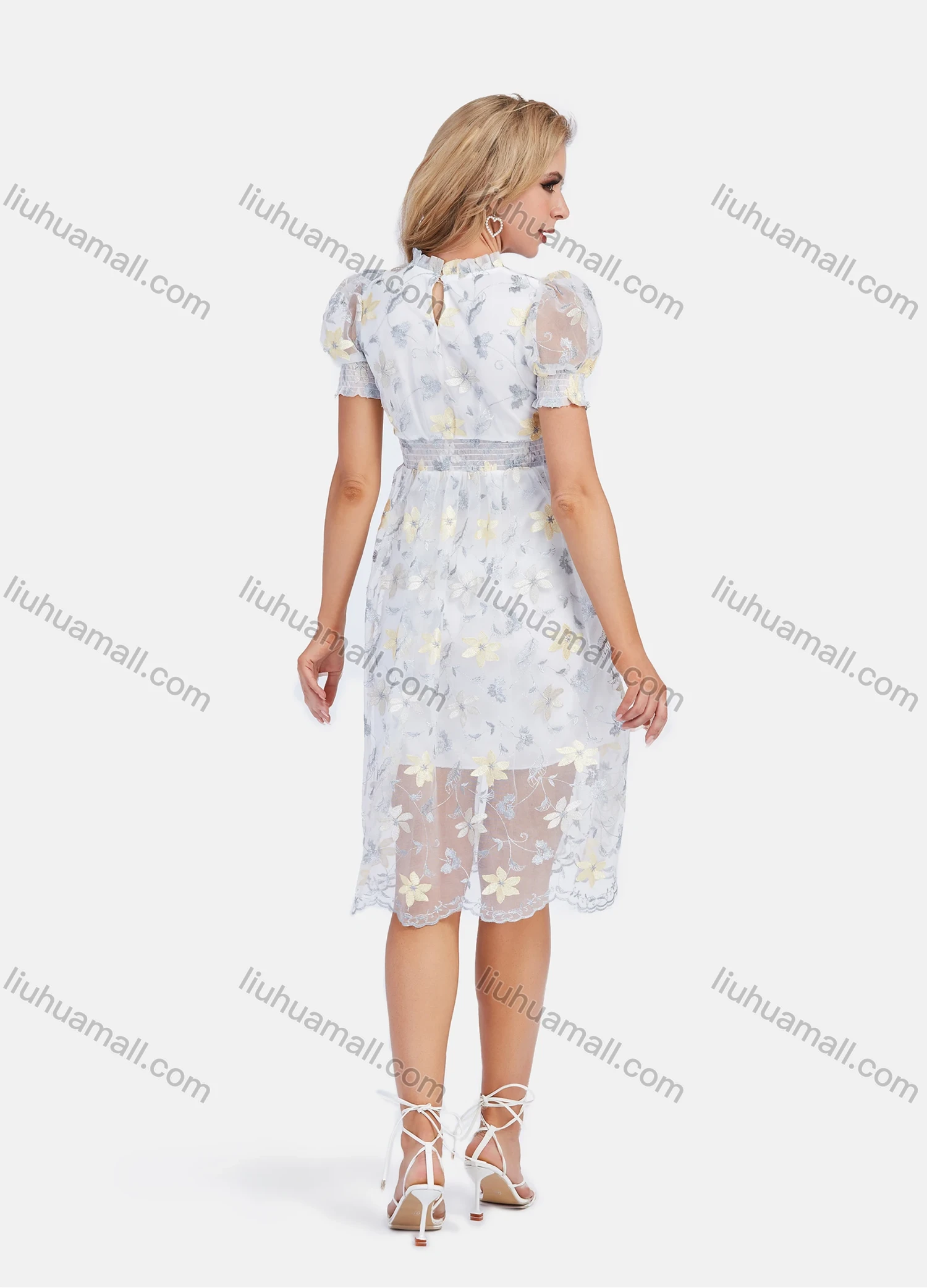 Wholesale Women's Casual Embroidery Mesh Ruffle Trim Mock Neck Puff Sleeve Knee Length Dress - Liuhuamall