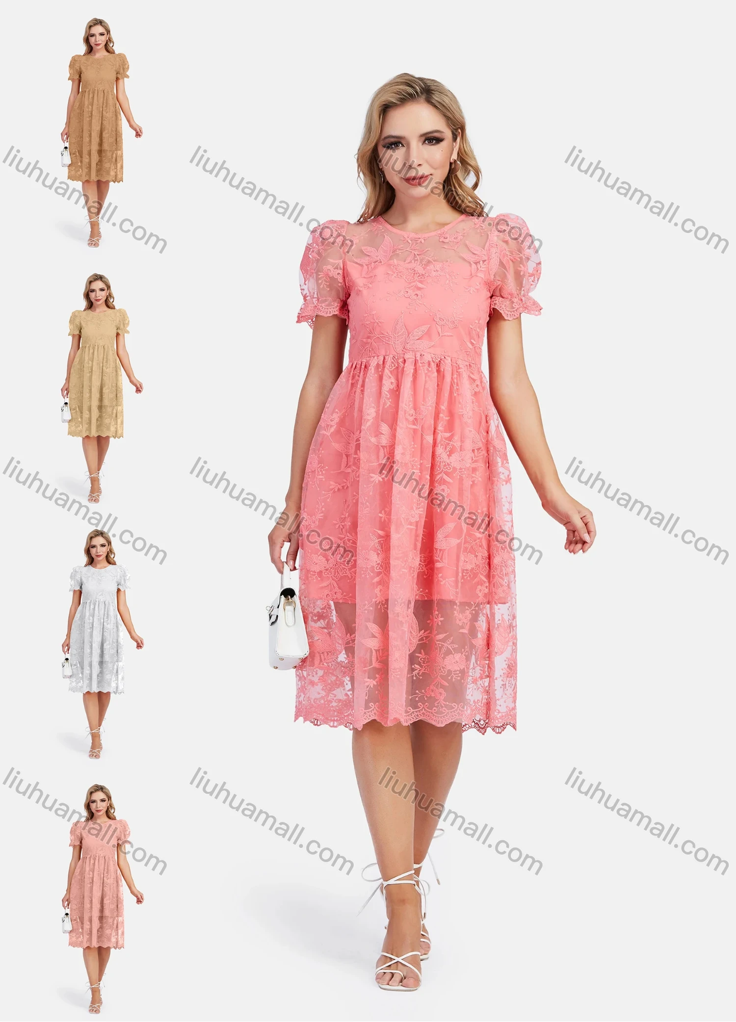 Wholesale Women's Casual Round Neck Puff Sleeve Ruffle Hem Embroidery Knee Length Dress - Liuhuamall