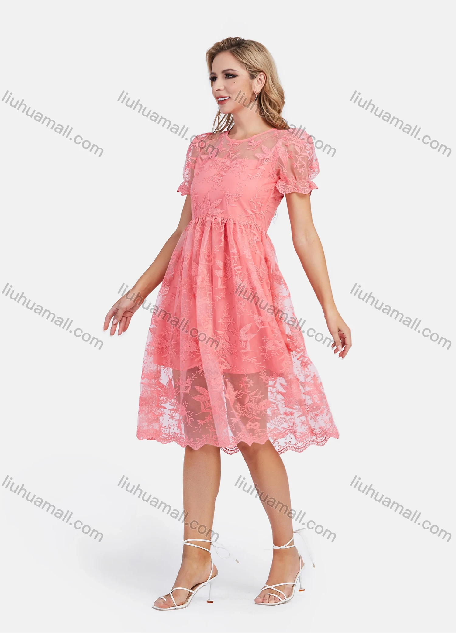 Wholesale Women's Casual Round Neck Puff Sleeve Ruffle Hem Embroidery Knee Length Dress - Liuhuamall