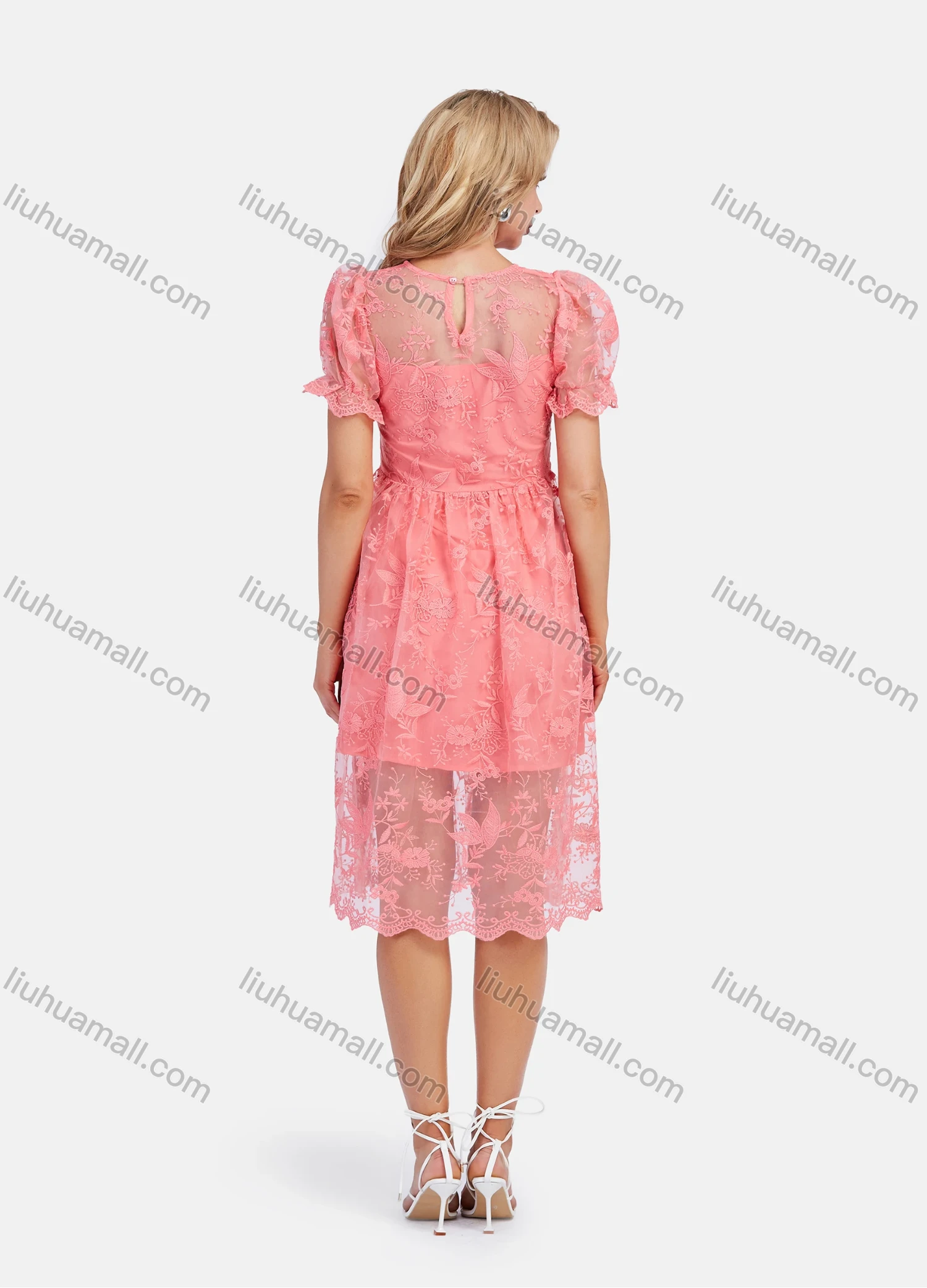 Wholesale Women's Casual Round Neck Puff Sleeve Ruffle Hem Embroidery Knee Length Dress - Liuhuamall