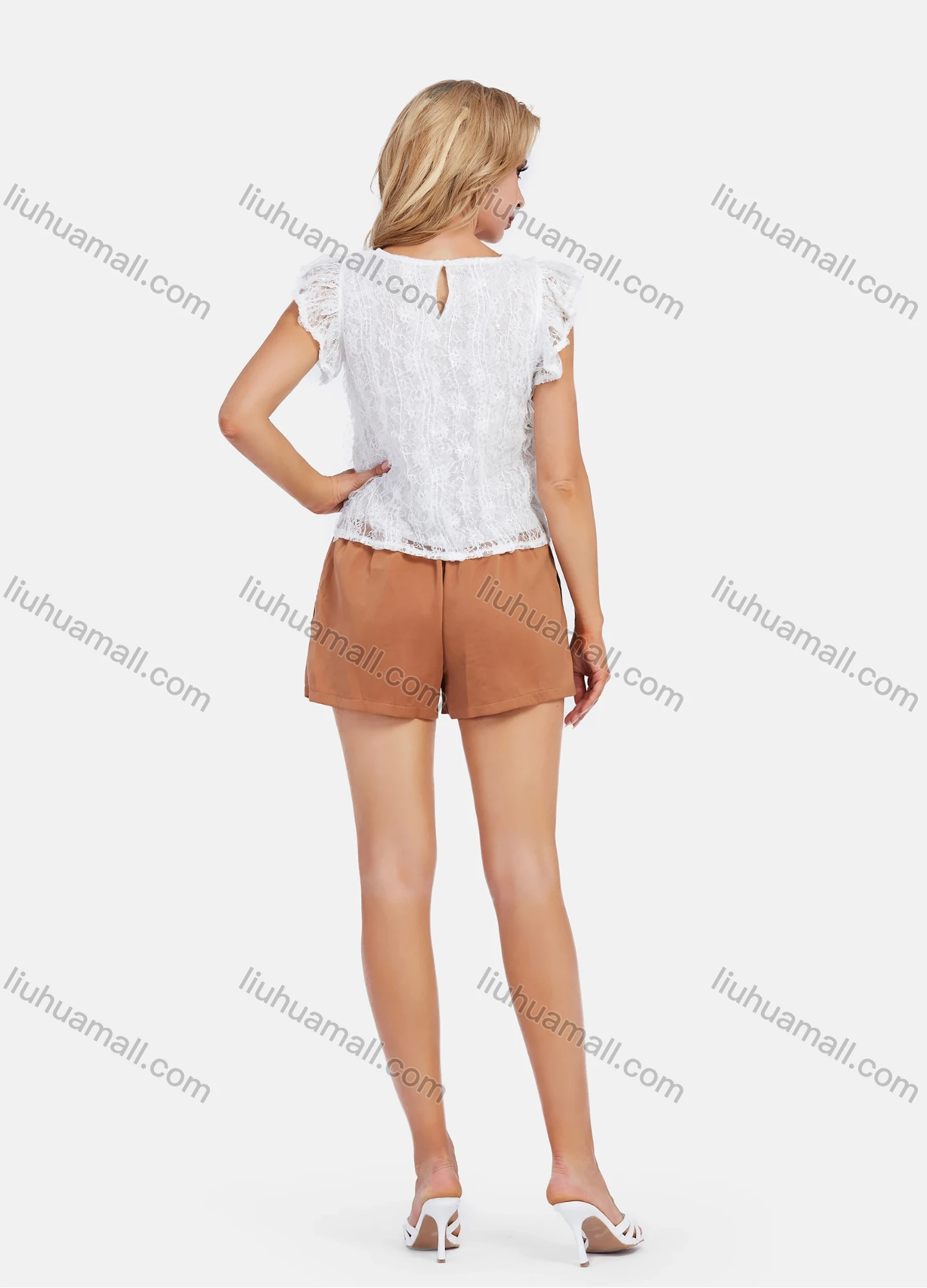 Wholesale Women's Casual Sheer Lace Round Neck Ruffle Sleeve Crop Blouse - Liuhuamall