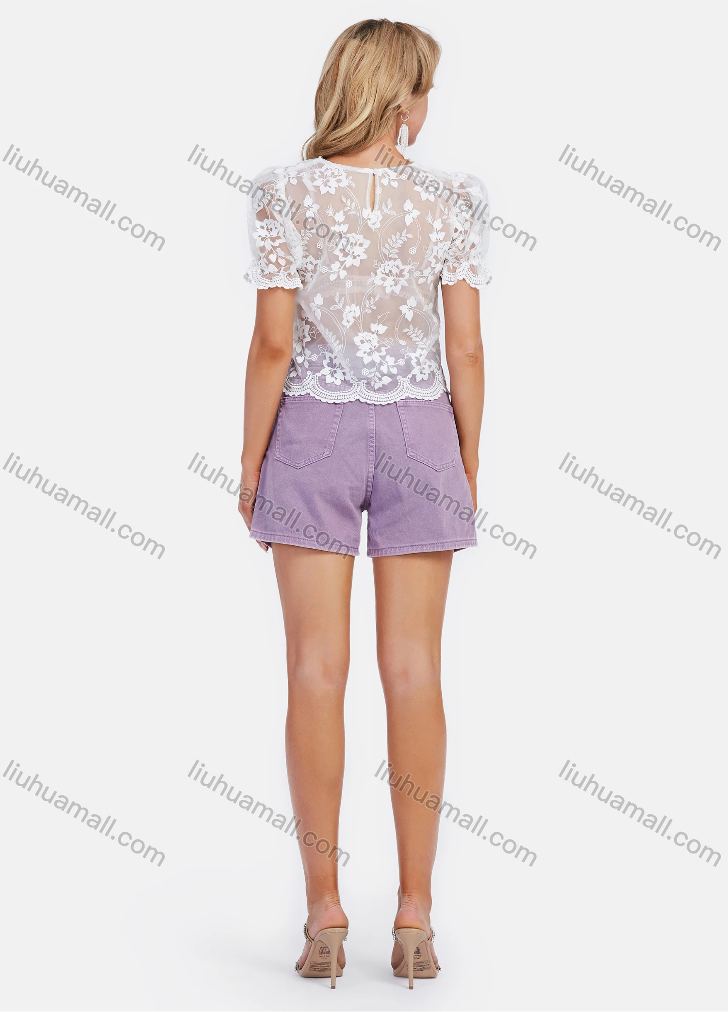 Wholesale Women's Casual Sheer Lace Round Neck Petal Sleeve Crop Blouse - Liuhuamall