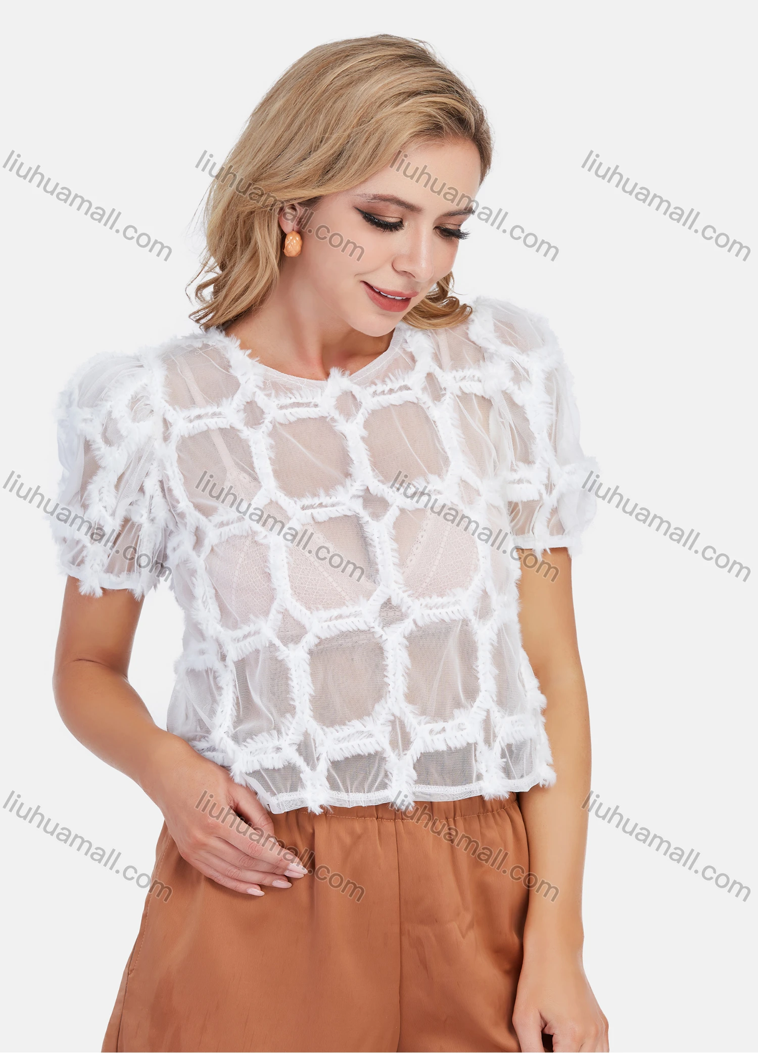 Wholesale Women's Sexy Round Neck Puff Sleeve Sheer Mesh Fluff Crop Blouse - Liuhuamall