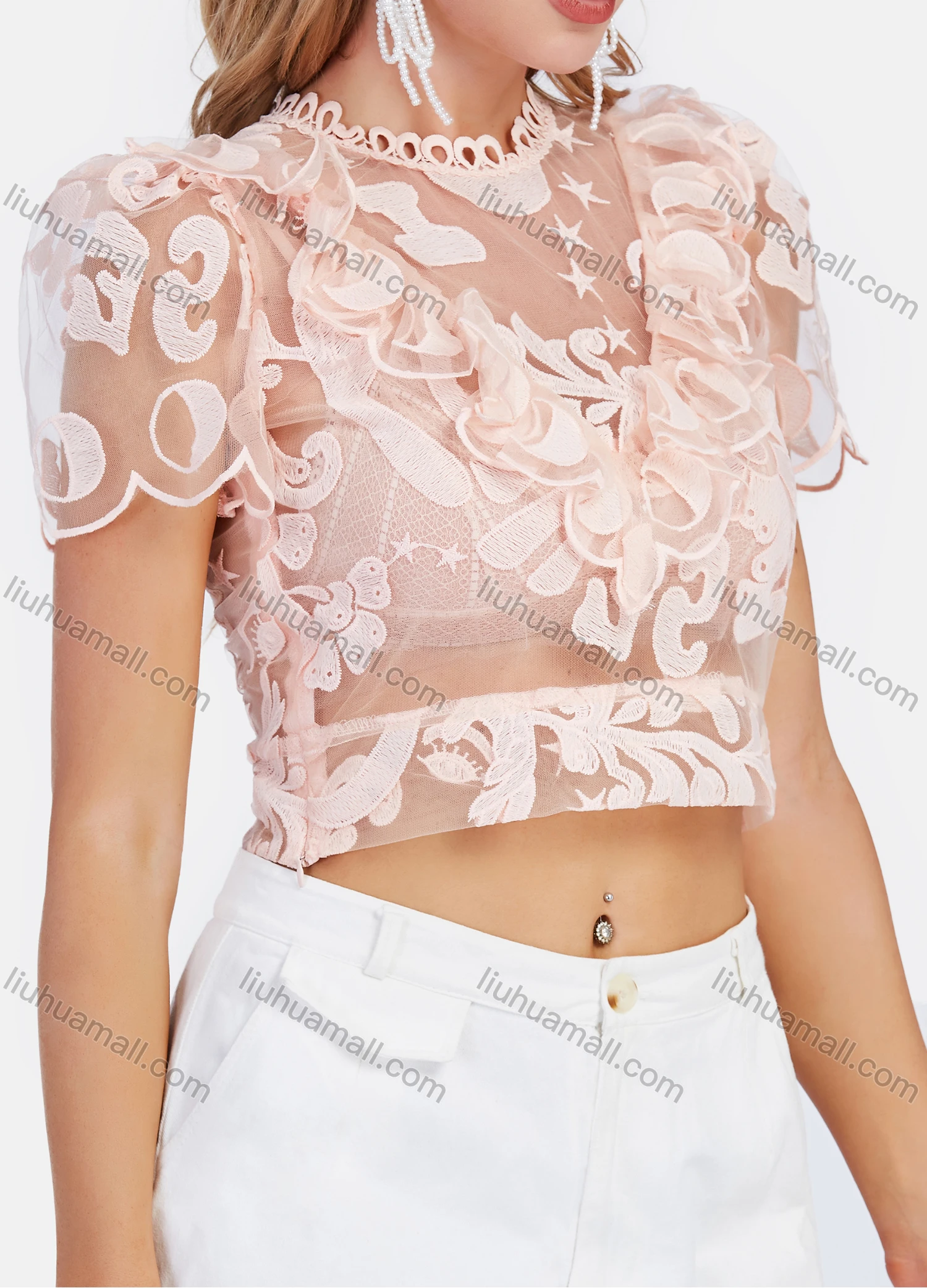 Wholesale Women's Sexy Floral Embroidery Semi-sheer Petal Hem Round Neck Blouse - Liuhuamall