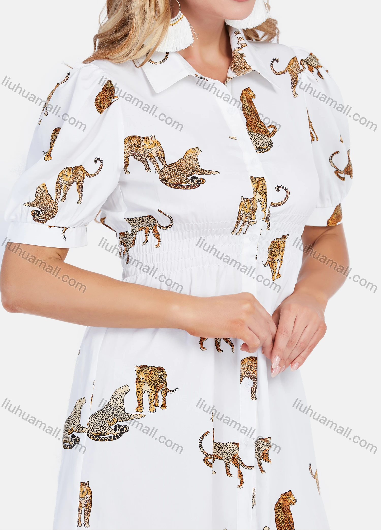 Wholesale Women's Casual Animal Print Puff Sleeve Button Down Mini Shirt Dress - Liuhuamall