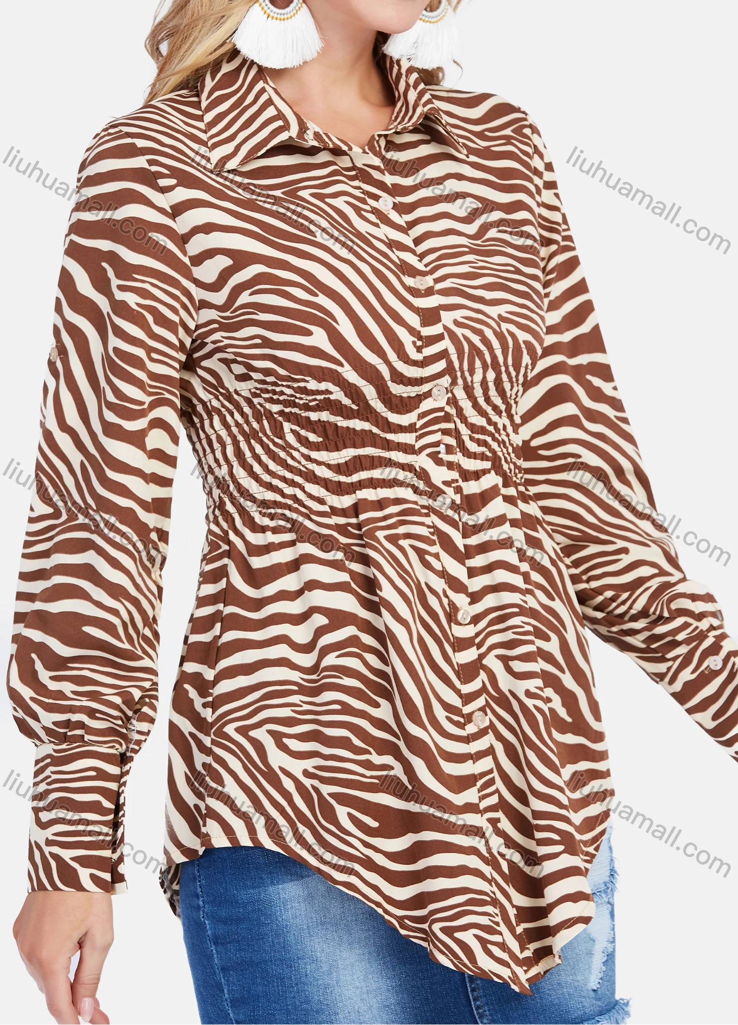 Wholesale Women's Zebra Stripe Shirred Button Down Curved Hem Shirred Casual Shirt - Liuhuamall