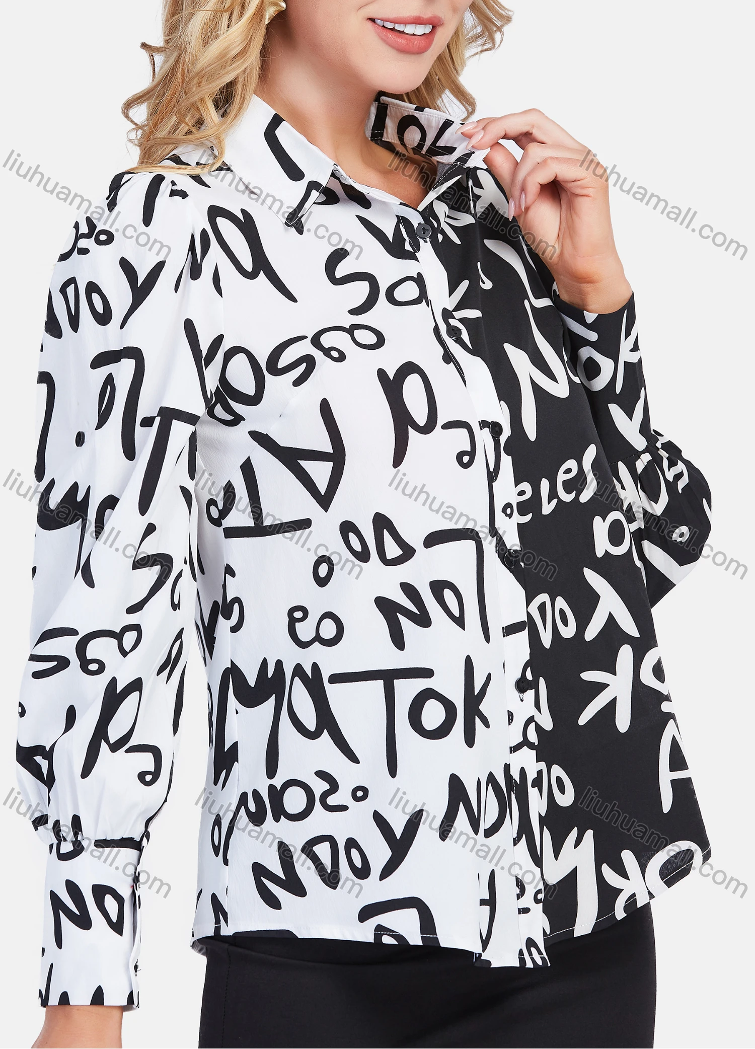 Wholesale Women's Fashion Graffiti & Colorblock Print Button Dwon Long Sleeve Shirt - Liuhuamall
