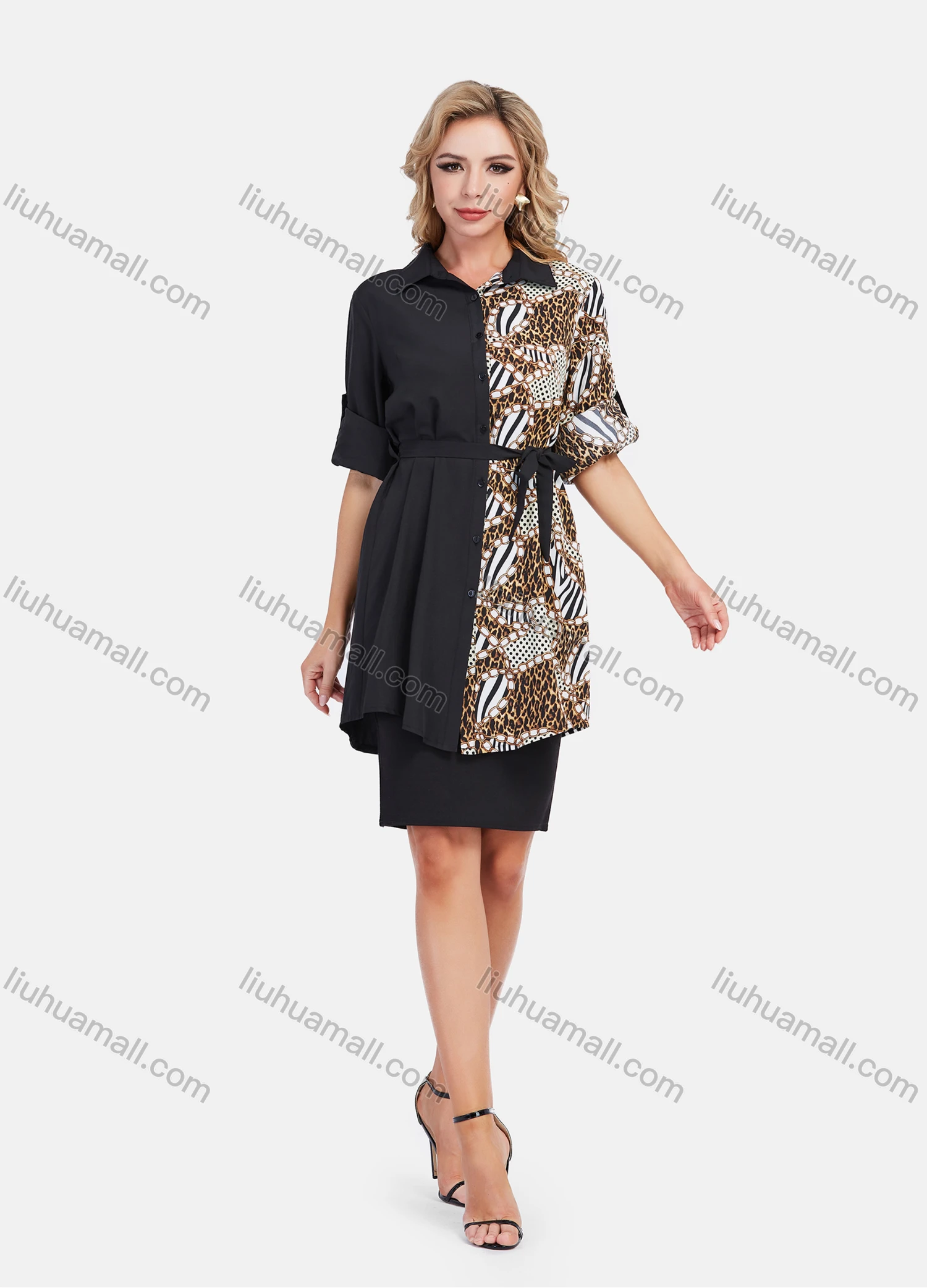 Wholesale Women's Fashion Chain Splicing Print Tunic Button Down Mid Length Shirt With Belt - Liuhuamall