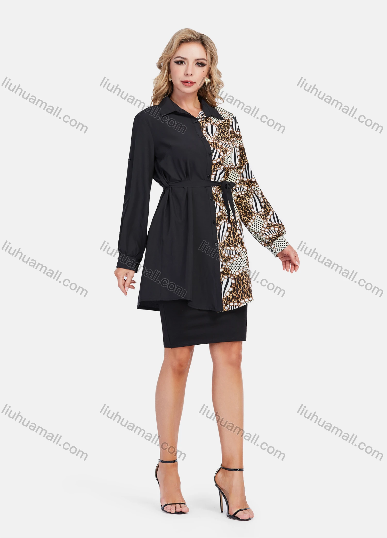 Wholesale Women's Fashion Chain Splicing Print Tunic Button Down Mid Length Shirt With Belt - Liuhuamall