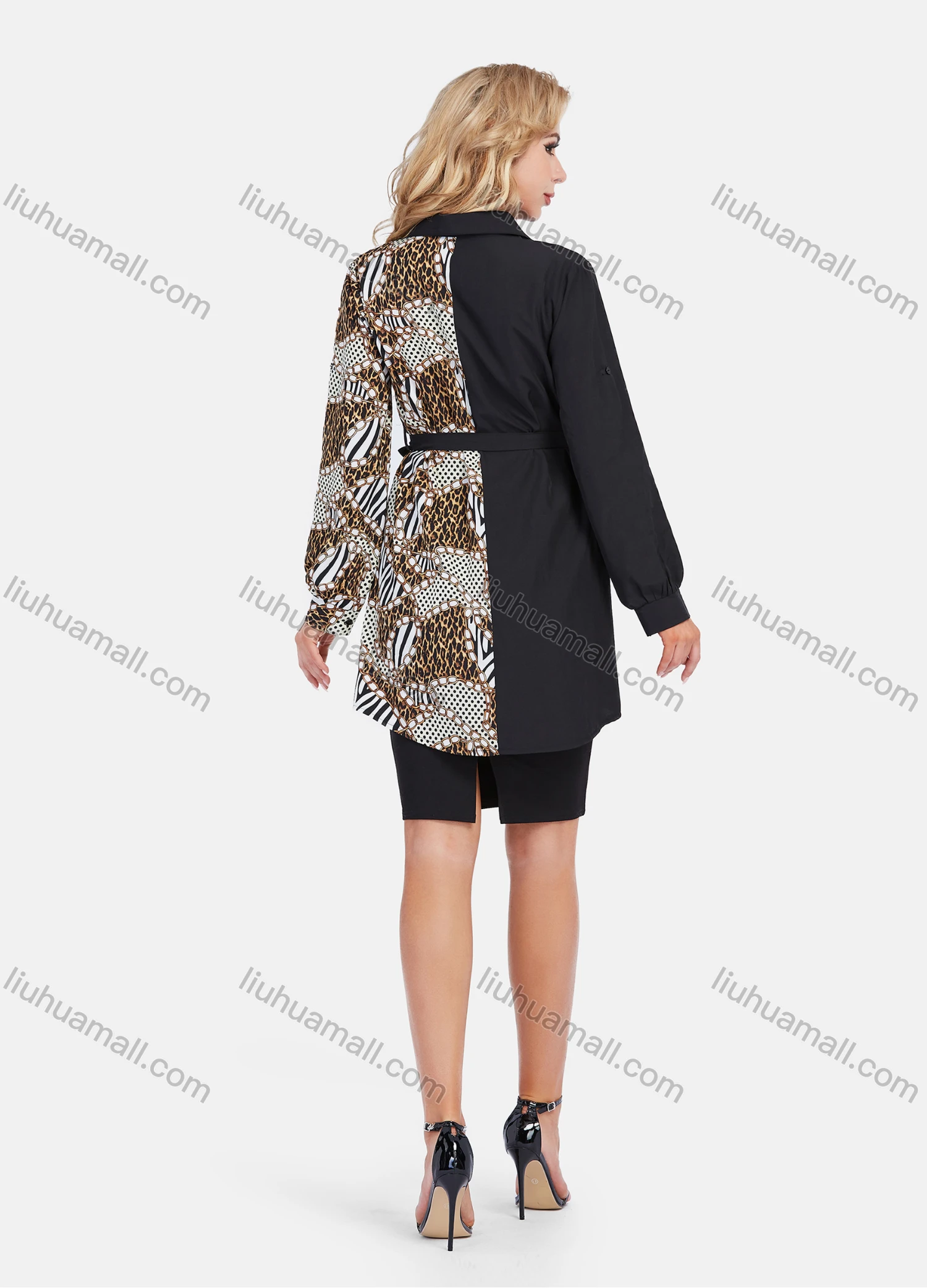 Wholesale Women's Fashion Chain Splicing Print Tunic Button Down Mid Length Shirt With Belt - Liuhuamall