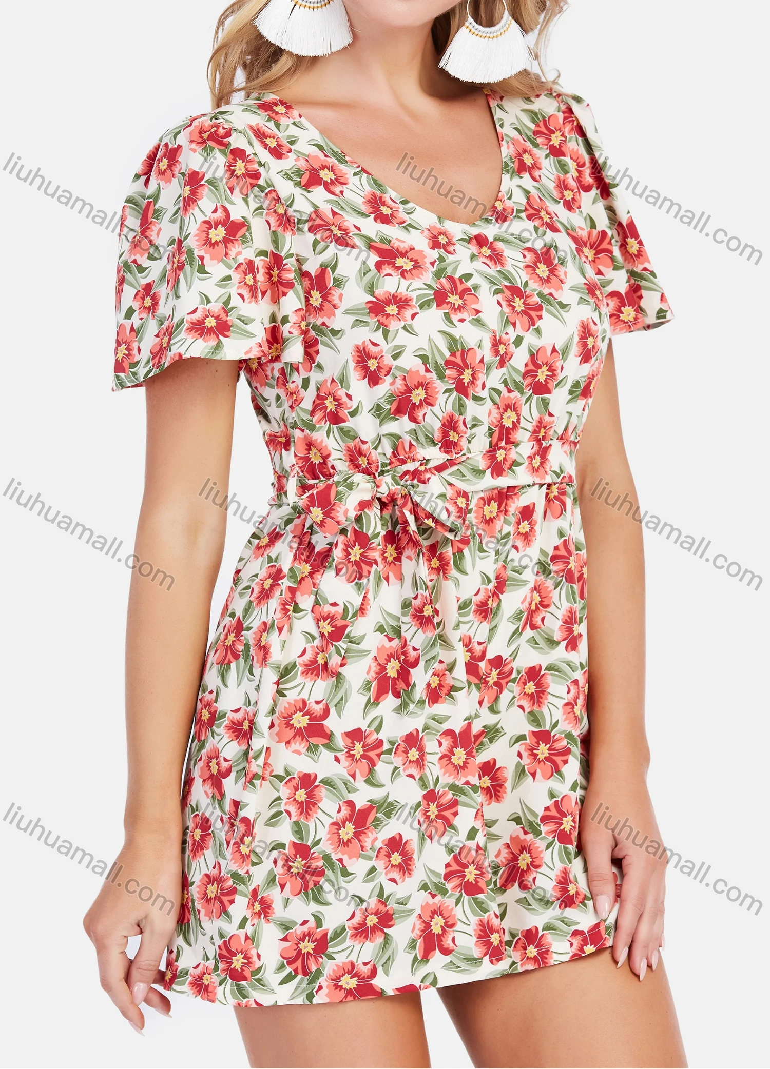 Wholesale Women's Casual Scoop Neck Floral Print High Waist Short Sleeve Romper With Belt - Liuhuamall