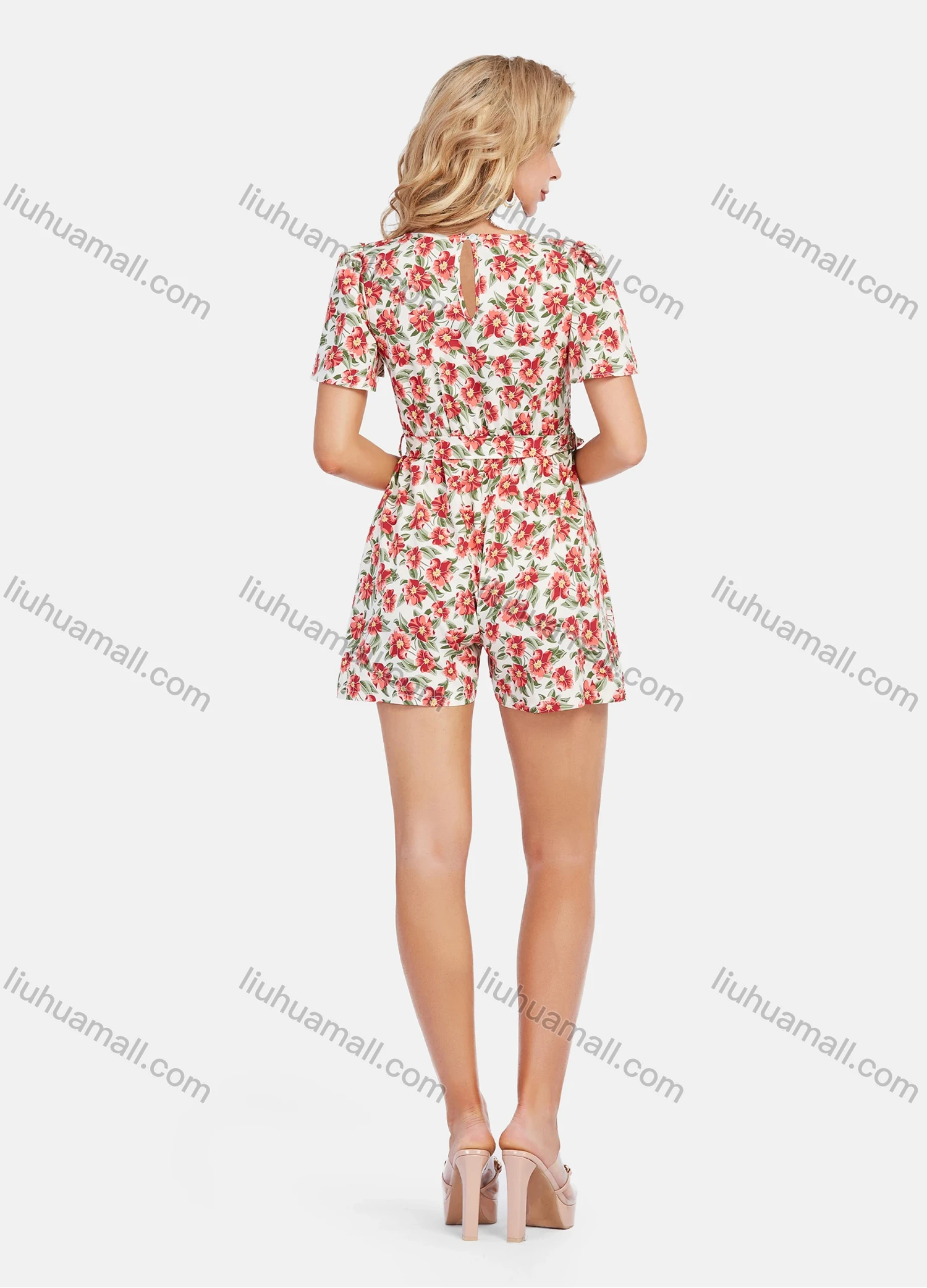 Wholesale Women's Casual Scoop Neck Floral Print High Waist Short Sleeve Romper With Belt - Liuhuamall