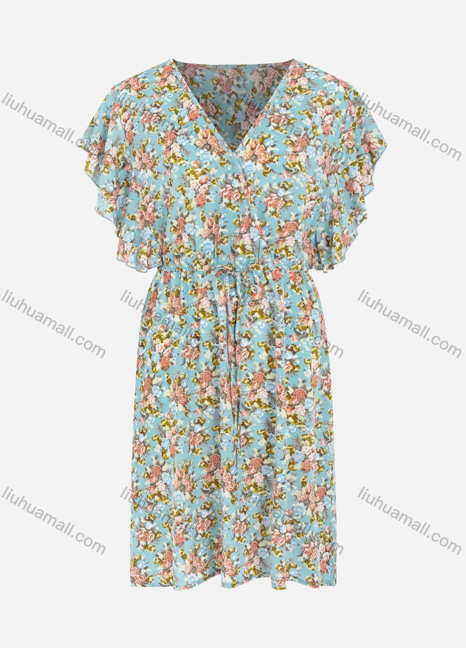 Wholesale Women's V Neck Ruffle Sleeve Floral Print Drawstring Casual Short Dress - Liuhuamall