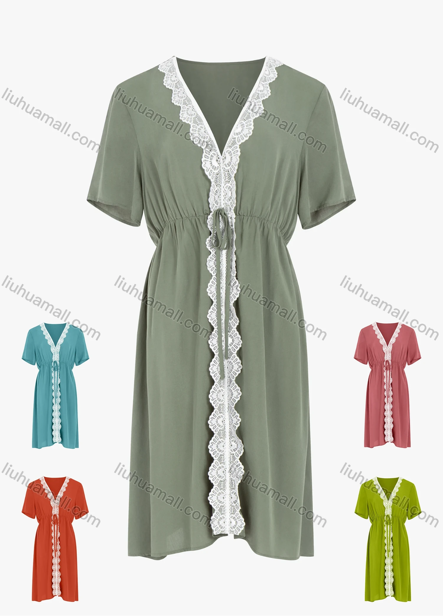 Wholesale Women's V Neck Short Sleeve Lace Trim Waist Drawstring Plain Casual Dress - Liuhuamall