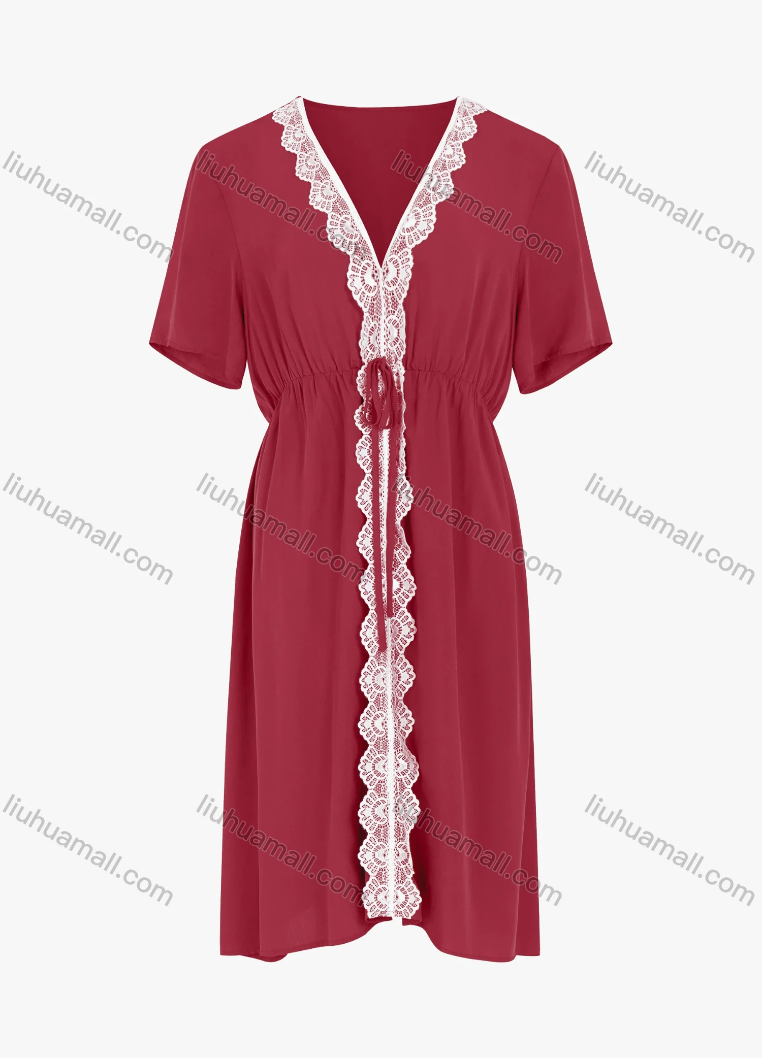 Wholesale Women's V Neck Short Sleeve Lace Trim Waist Drawstring Plain Casual Dress - Liuhuamall