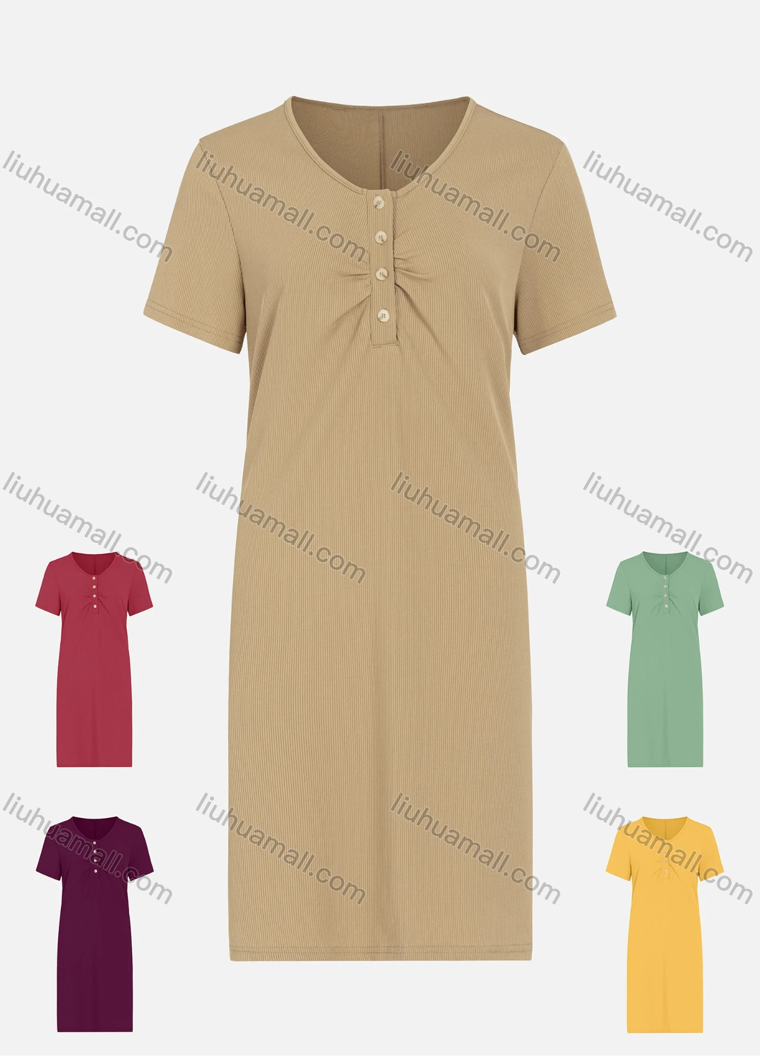 Wholesale Women's Casual Round Neck Short Sleeve Button Front Plain Dress - Liuhuamall