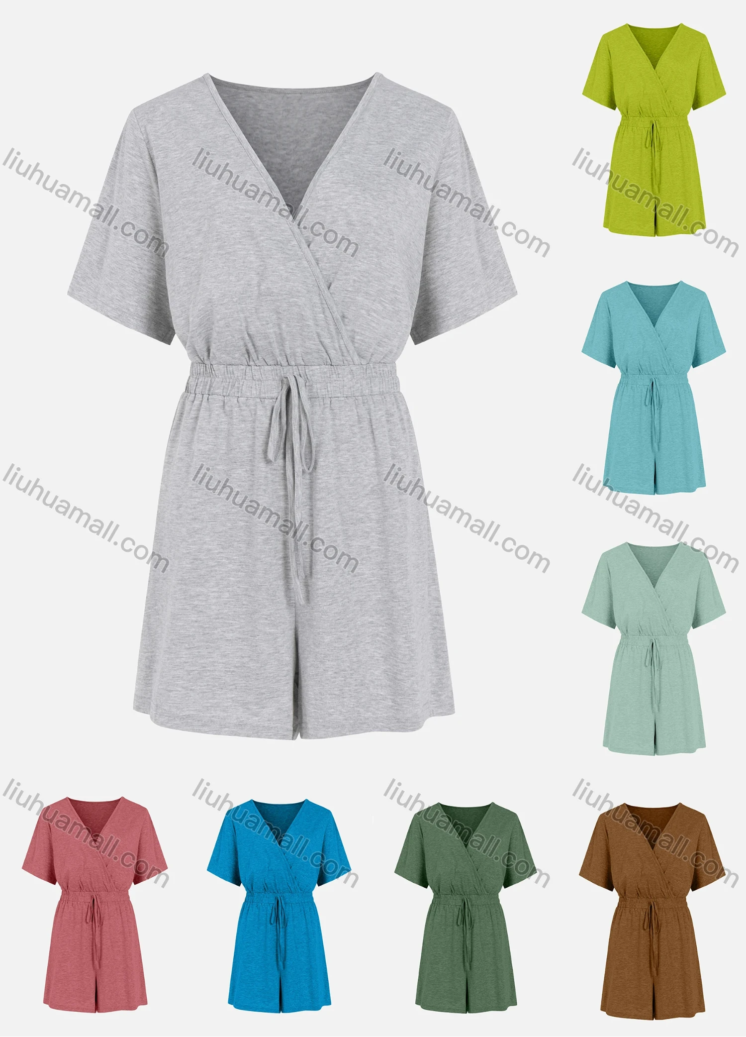 Wholesale Women's Plain V Neck Short Sleeve Drawstring Wrap Romper - Liuhuamall