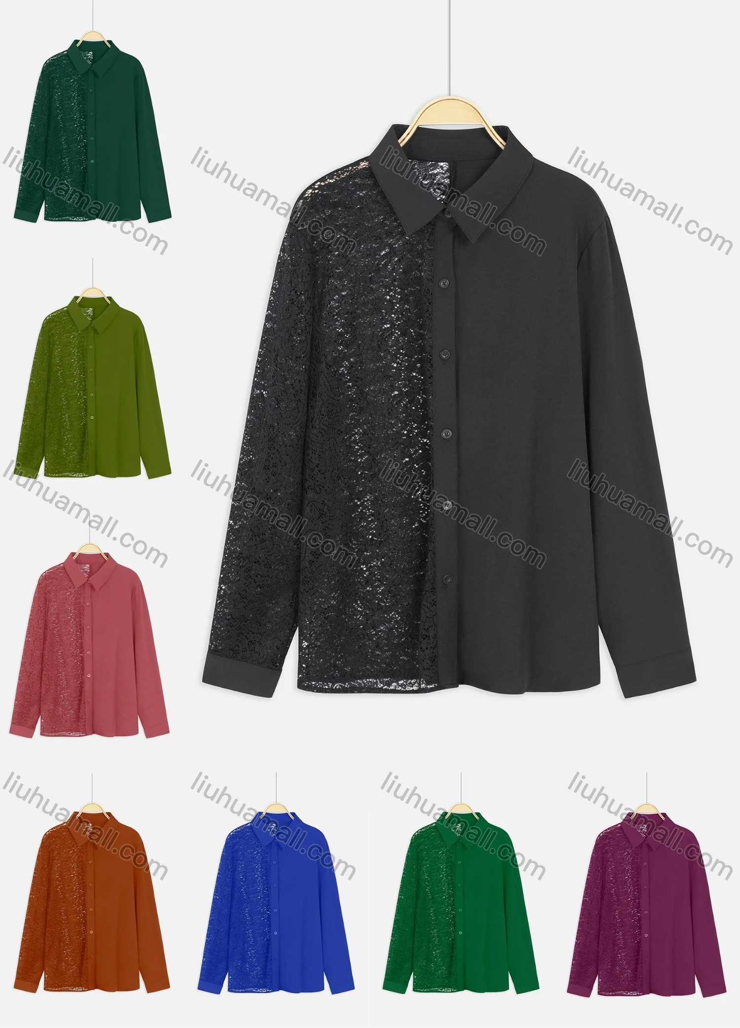 Wholesale Women's Fashion Lace Splicing Collared Button Down Shirt - Liuhuamall