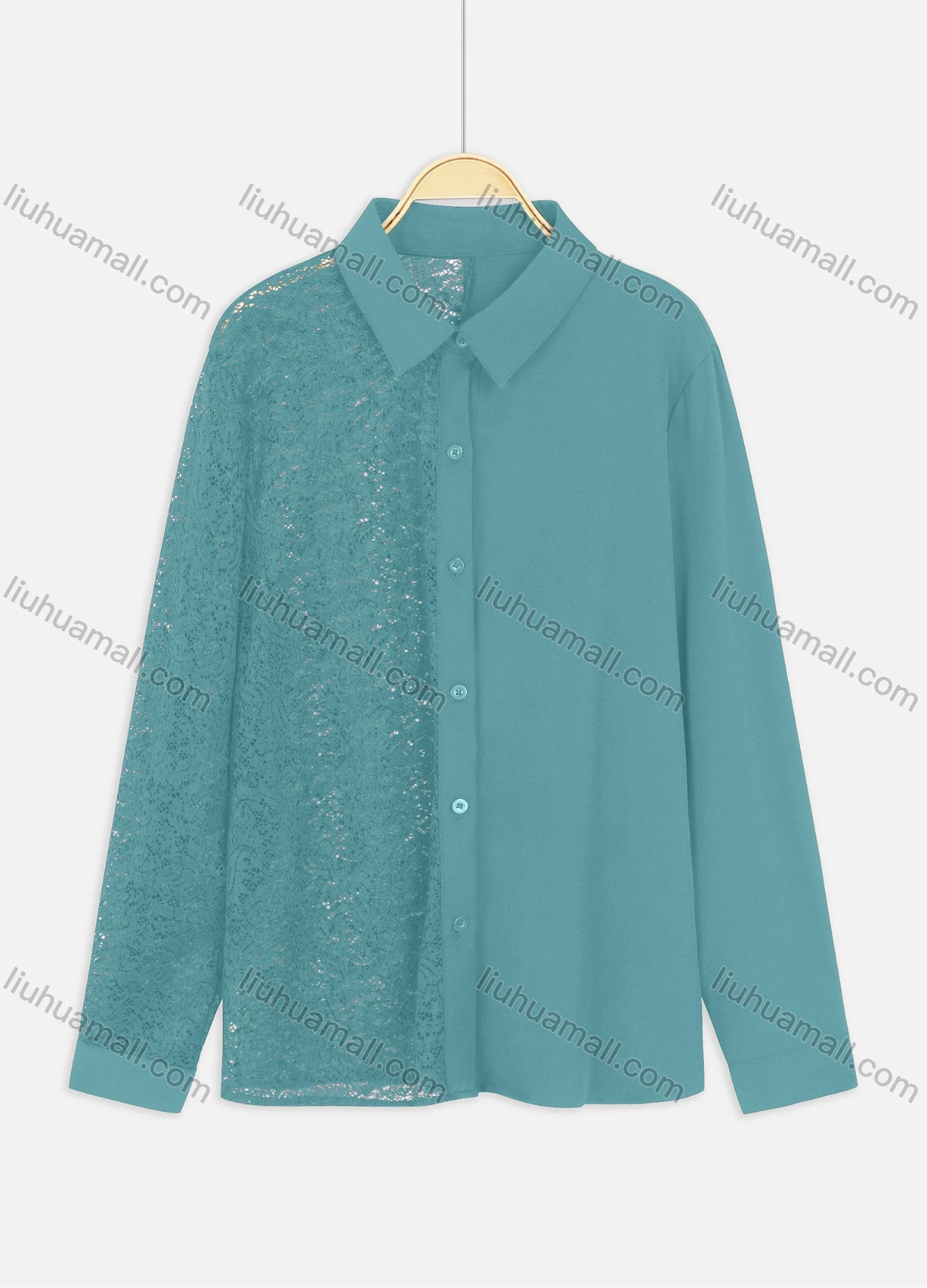 Wholesale Women's Fashion Lace Splicing Collared Button Down Shirt - Liuhuamall
