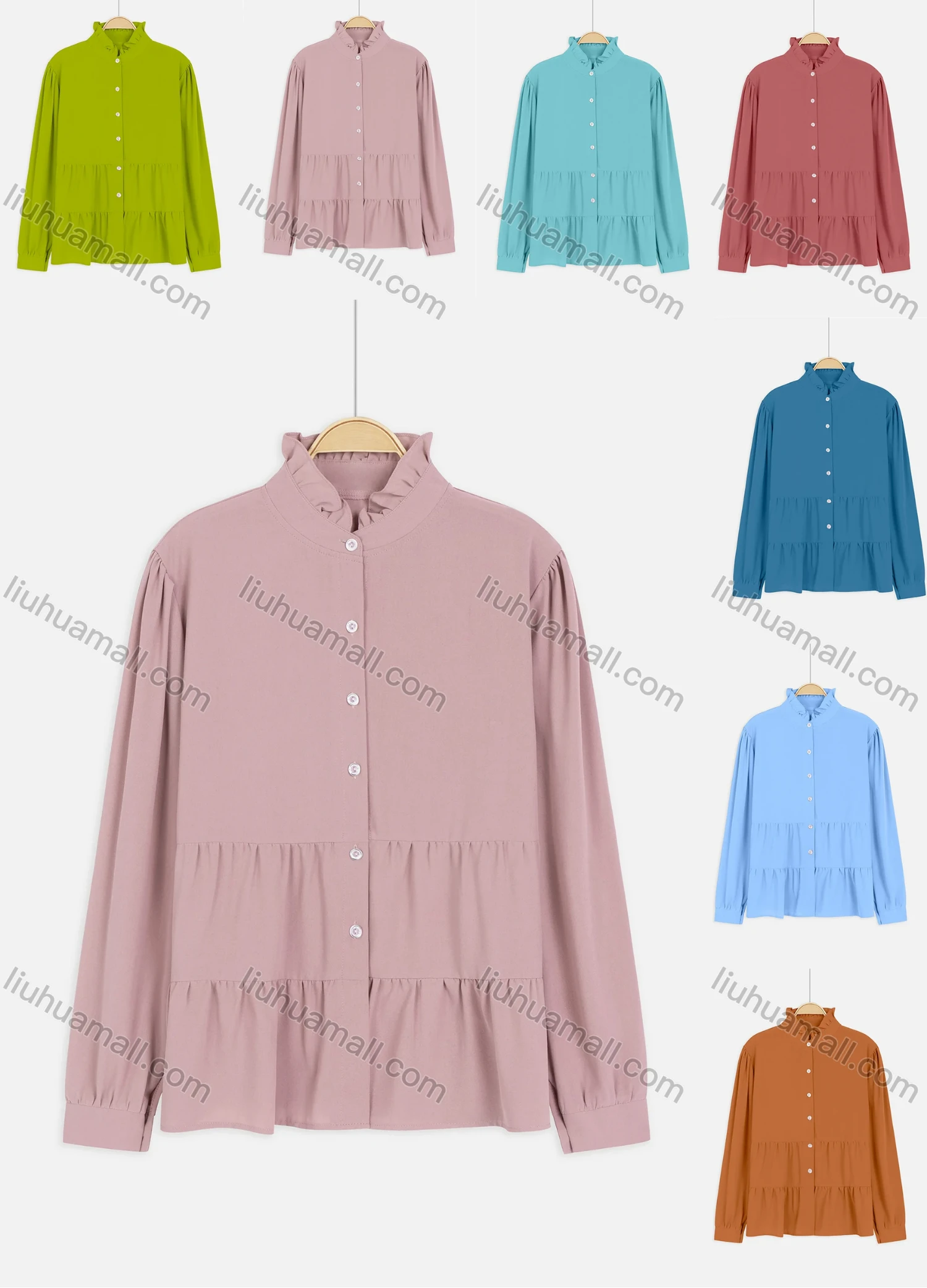 Wholesale Women's Casual Ruched Neck Buckled Cuff 2-Layer Ruffle Button Down Shirt - Liuhuamall
