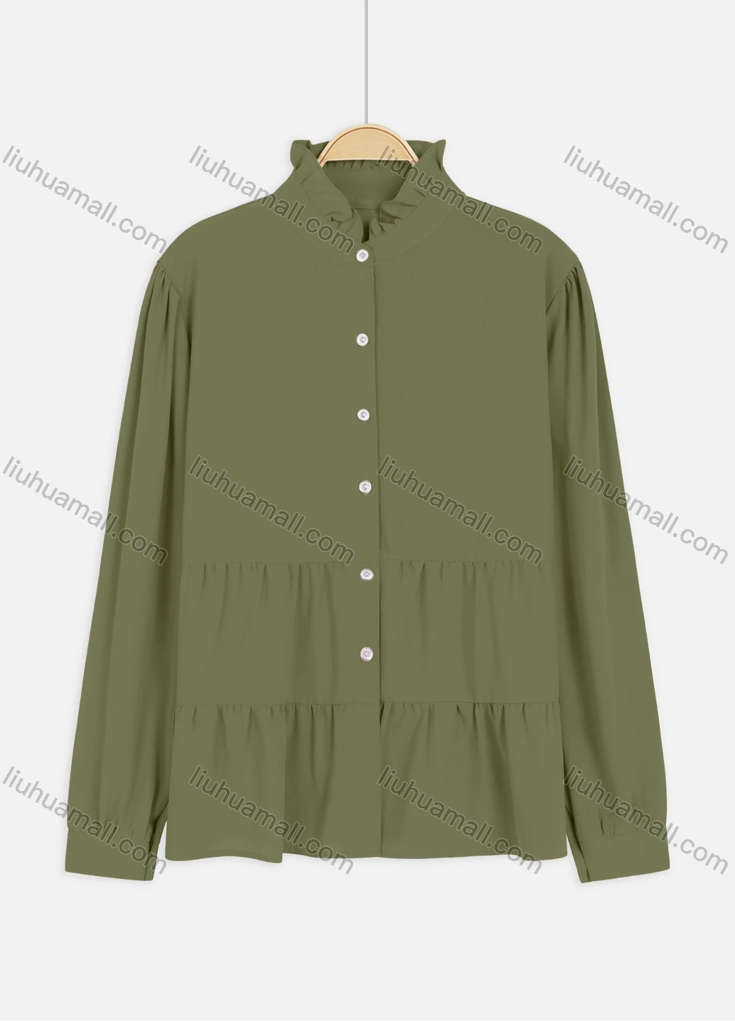 Wholesale Women's Casual Ruched Neck Buckled Cuff 2-Layer Ruffle Button Down Shirt - Liuhuamall