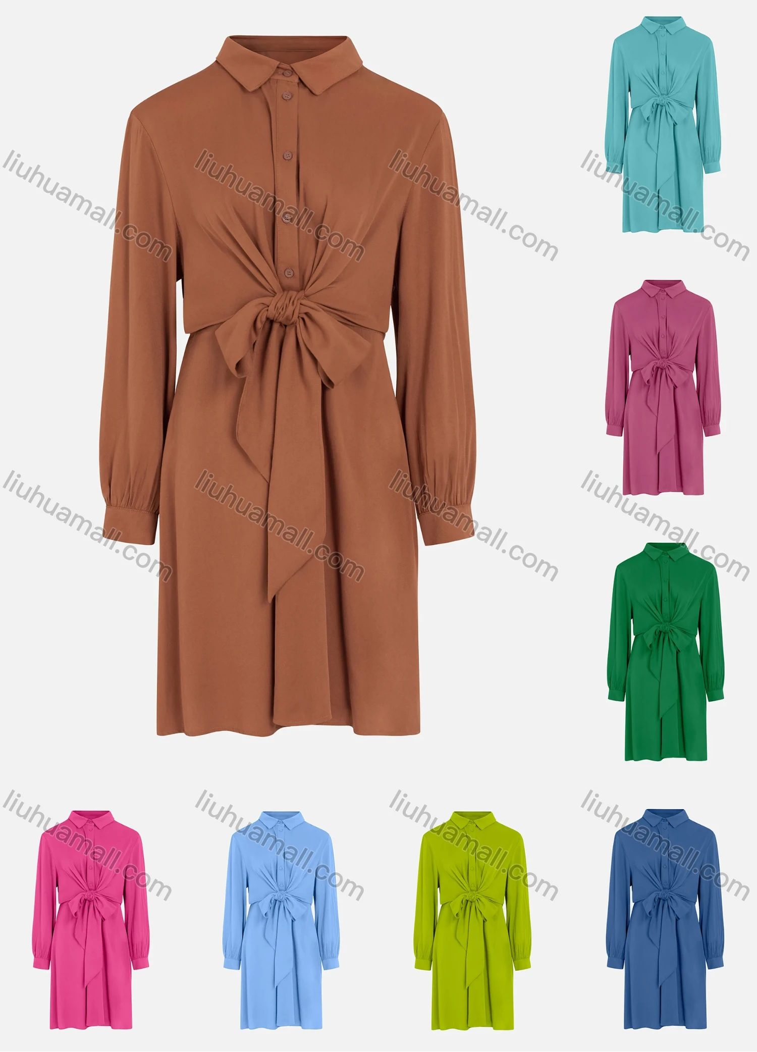 Wholesale Women's Casual Long Sleeve Button Down Knot Front Shirt Dress - Liuhuamall