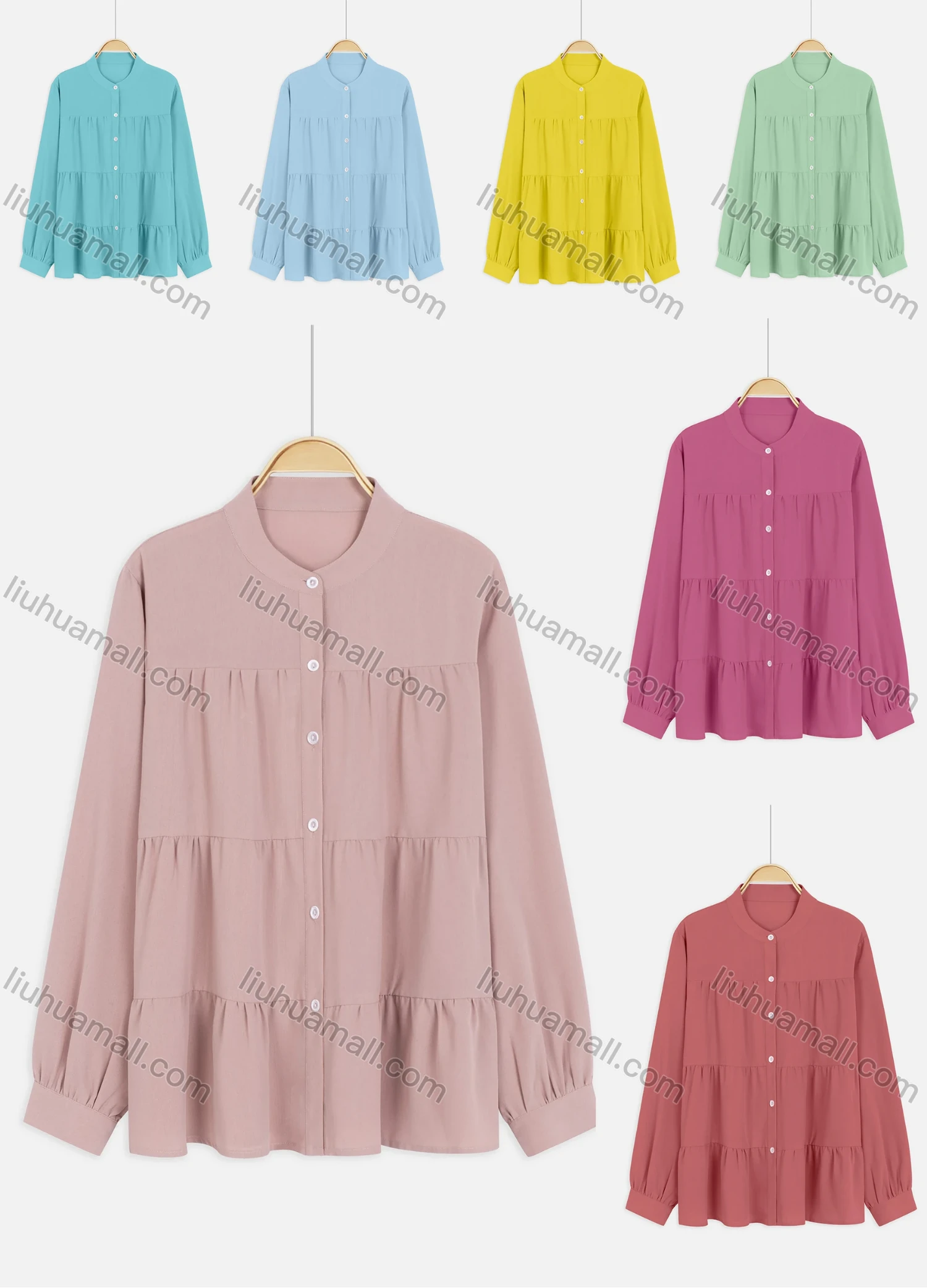 Wholesale Women's Casual Long Sleeve Plain Layered Shirred Buckled Cuff Shirt - Liuhuamall