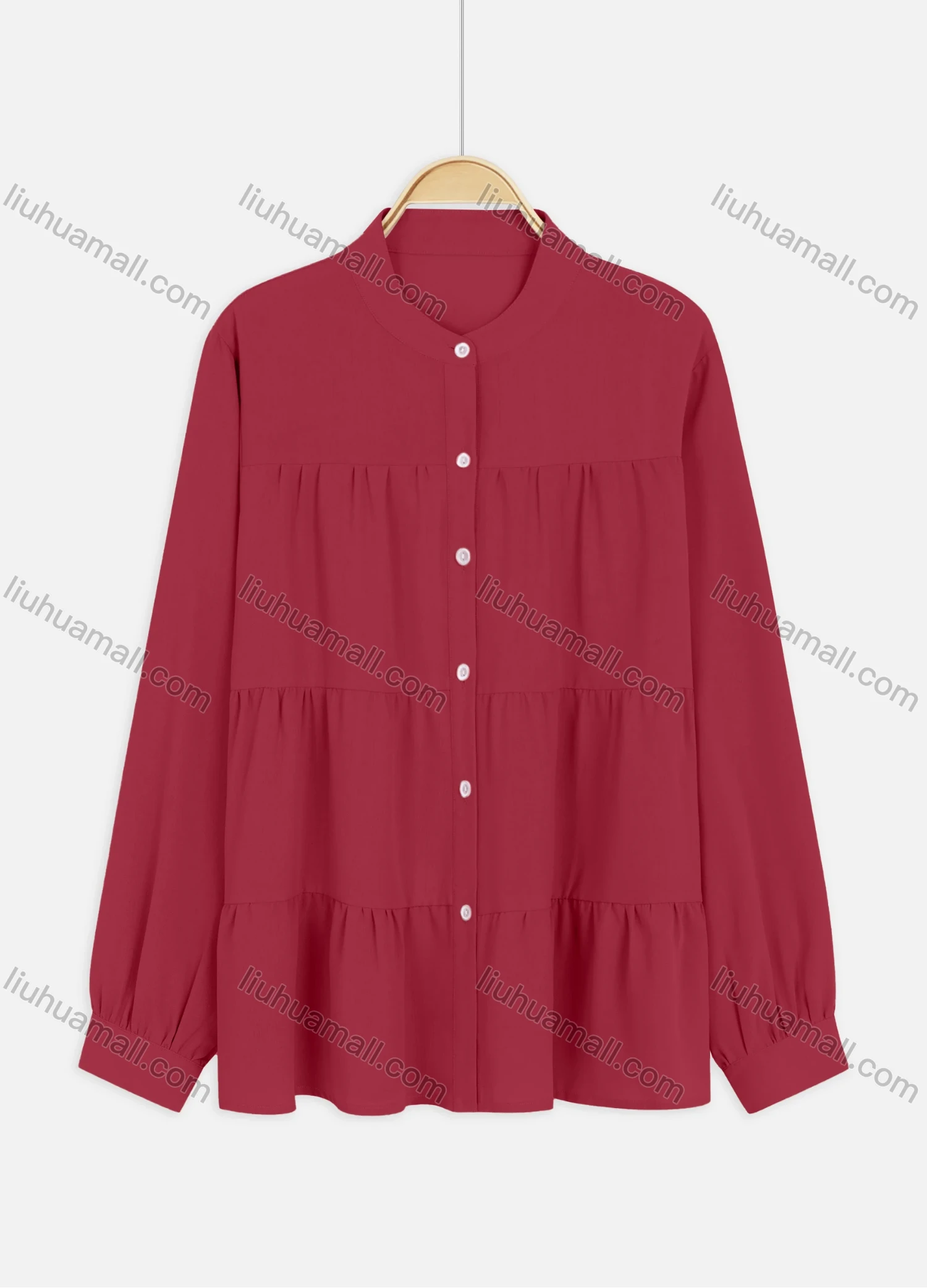 Wholesale Women's Casual Long Sleeve Plain Layered Shirred Buckled Cuff Shirt - Liuhuamall