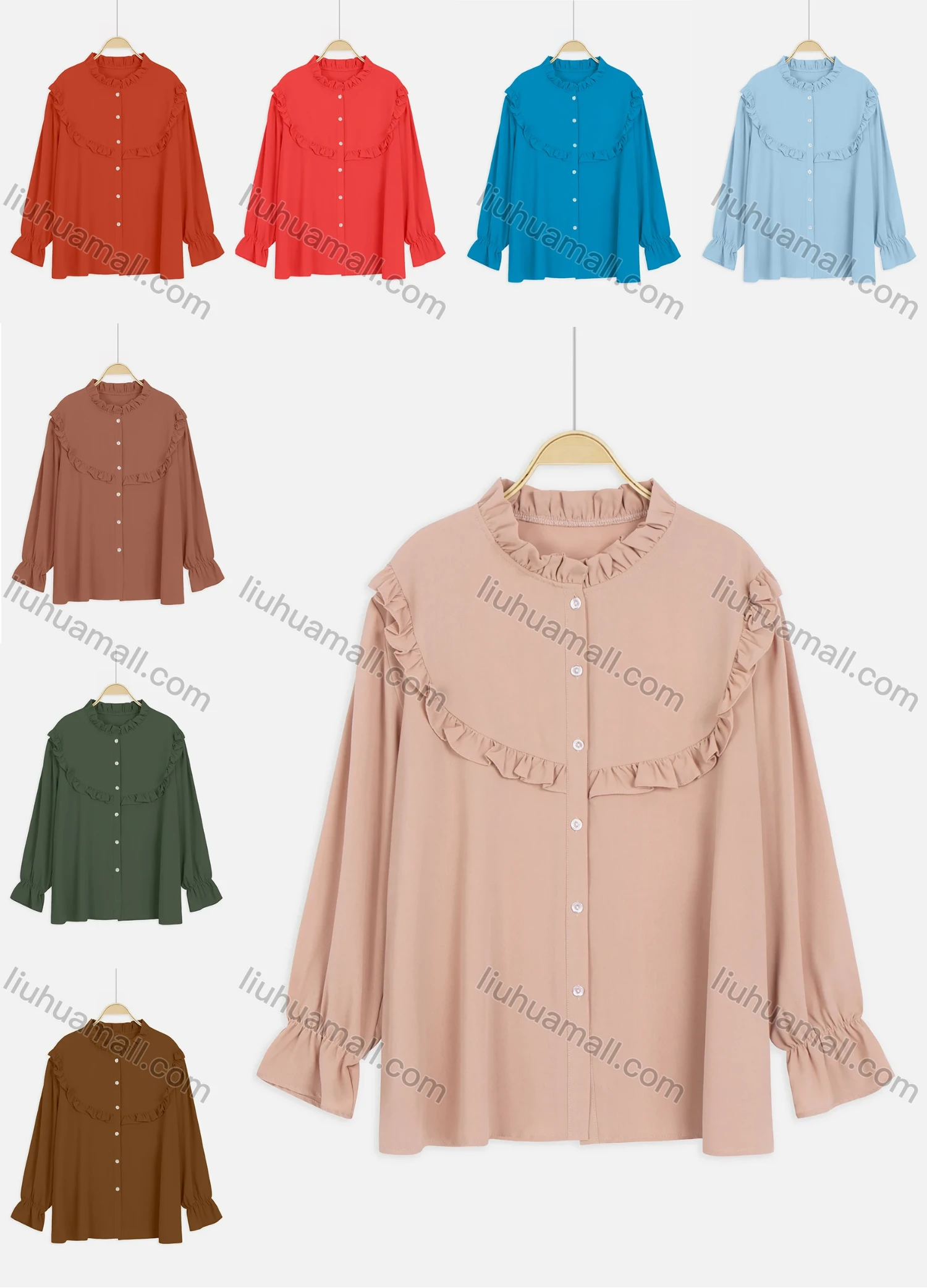 Wholesale Women's Casual Bishop Sleeve Ruched Neck Ruffle Trim Plain Shirt - Liuhuamall