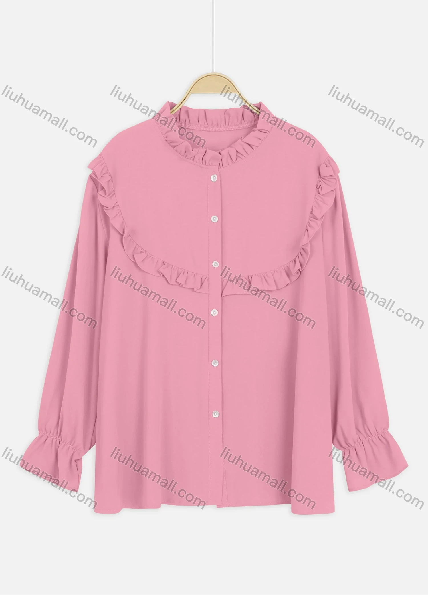 Wholesale Women's Casual Bishop Sleeve Ruched Neck Ruffle Trim Plain Shirt - Liuhuamall