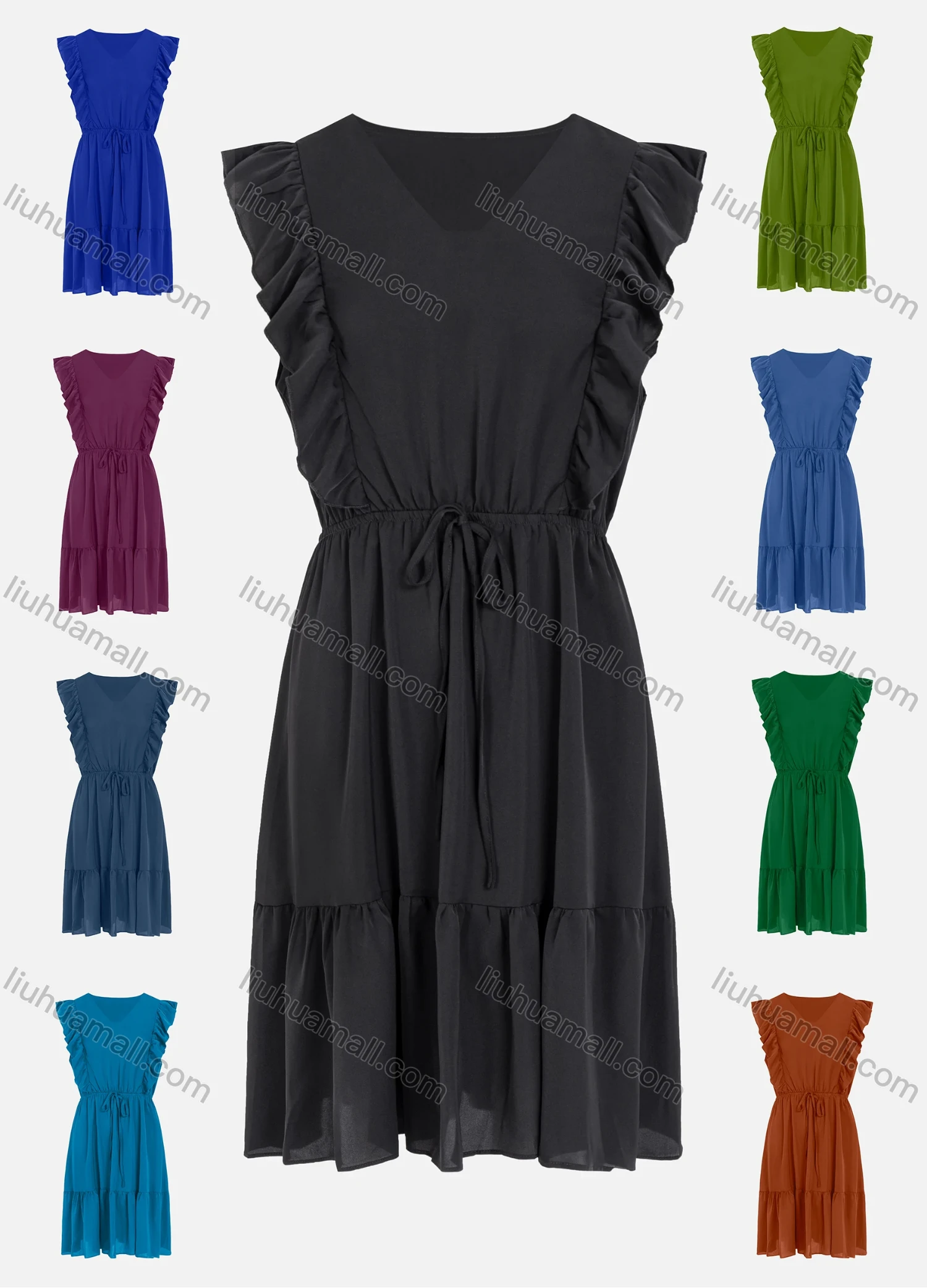 Wholesale Women's Casual Ruffle Sleeve Plain High Waist Drawstring Ruffle Hem Plain Dress - Liuhuamall