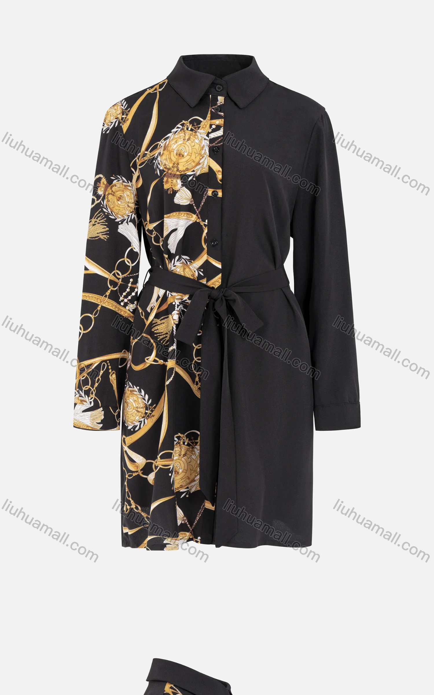 Wholesale Women's Casual Long Sleeve Button Down Baroque Print Splicing Short Shirt Dress With Belt - Liuhuamall