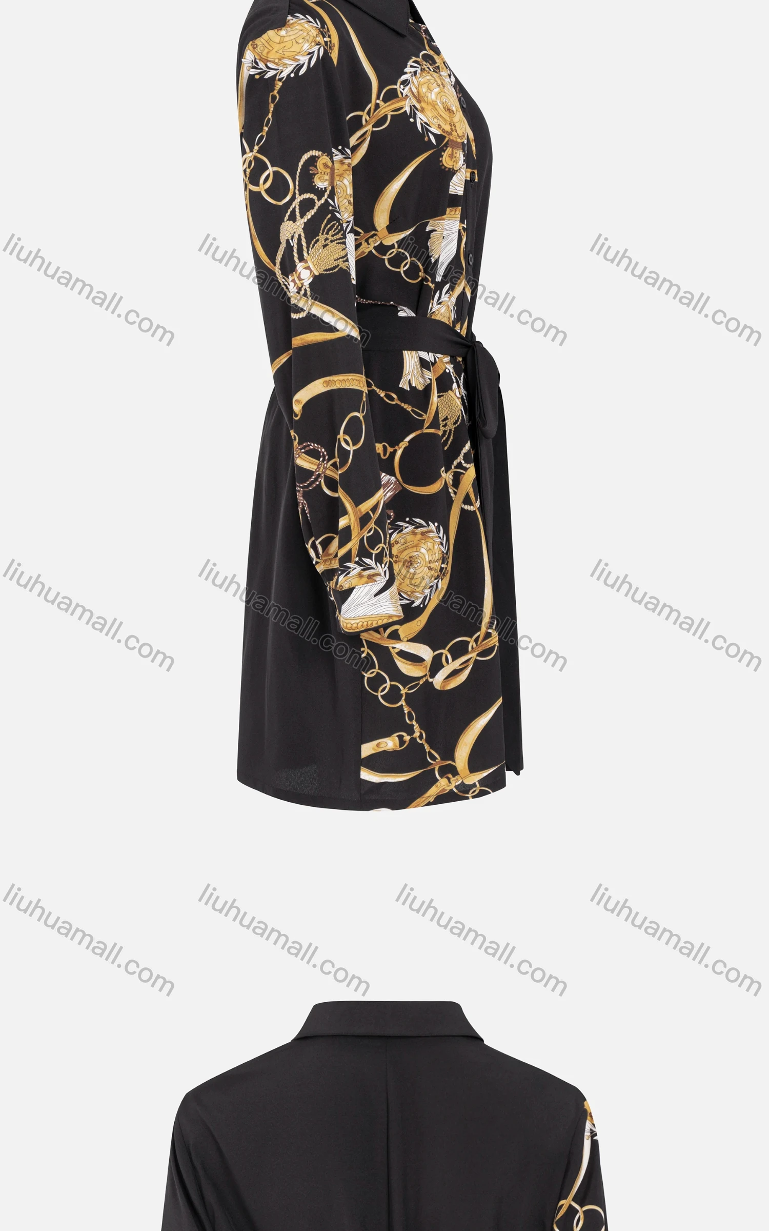 Wholesale Women's Casual Long Sleeve Button Down Baroque Print Splicing Short Shirt Dress With Belt - Liuhuamall