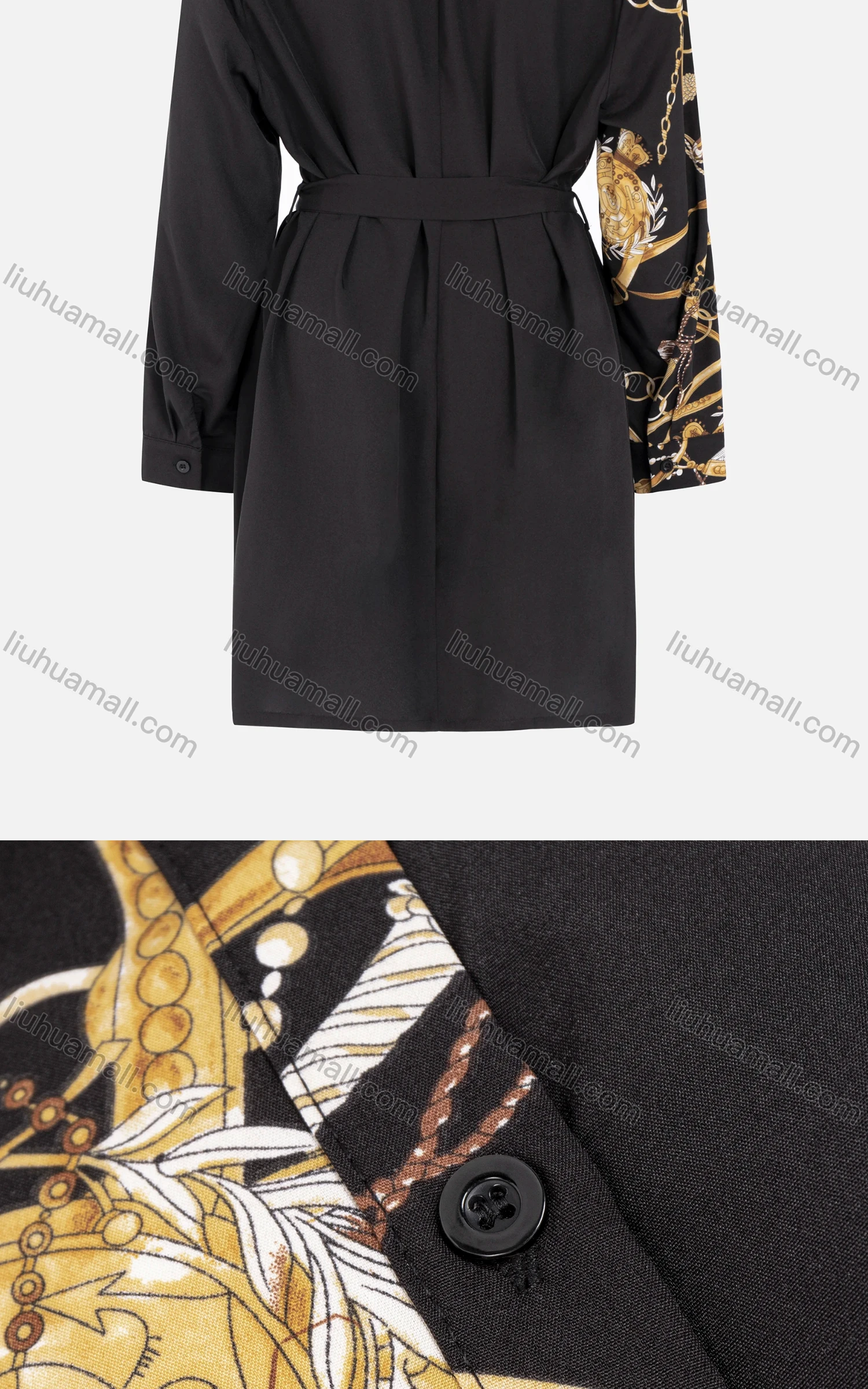 Wholesale Women's Casual Long Sleeve Button Down Baroque Print Splicing Short Shirt Dress With Belt - Liuhuamall