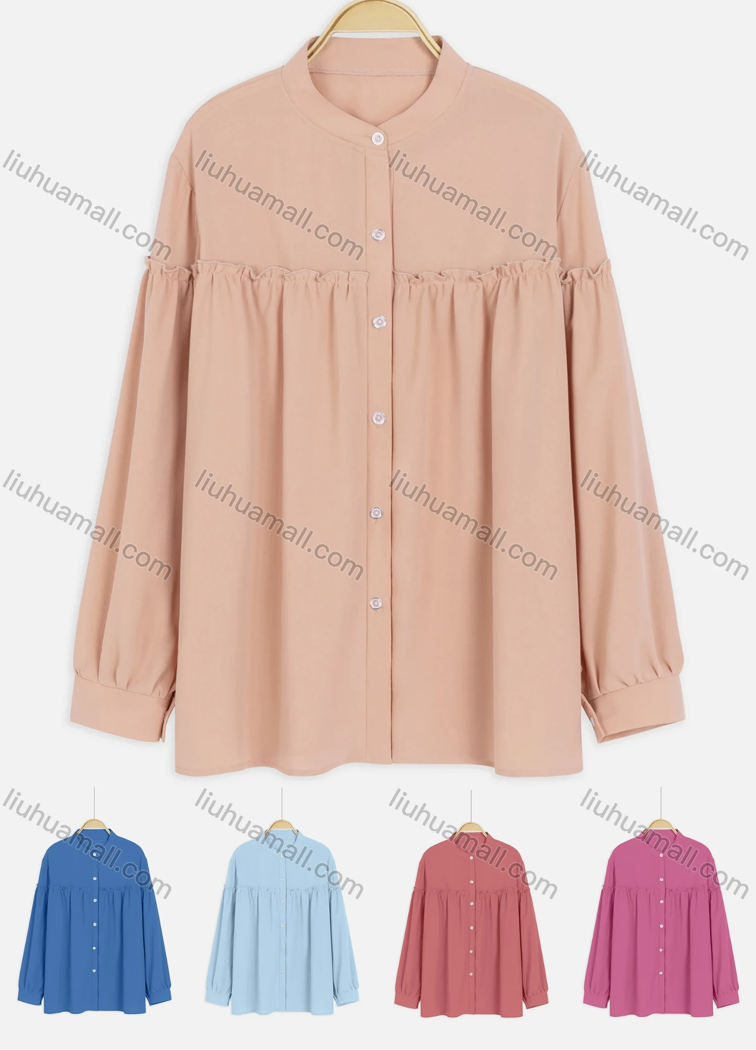Wholesale Women's Casual Ruffle Trim Bishop Sleeve Button Down Plain Shirt - Liuhuamall