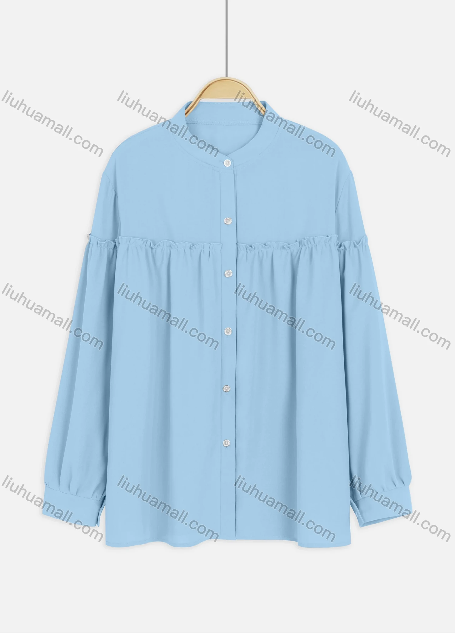 Wholesale Women's Casual Ruffle Trim Bishop Sleeve Button Down Plain Shirt - Liuhuamall