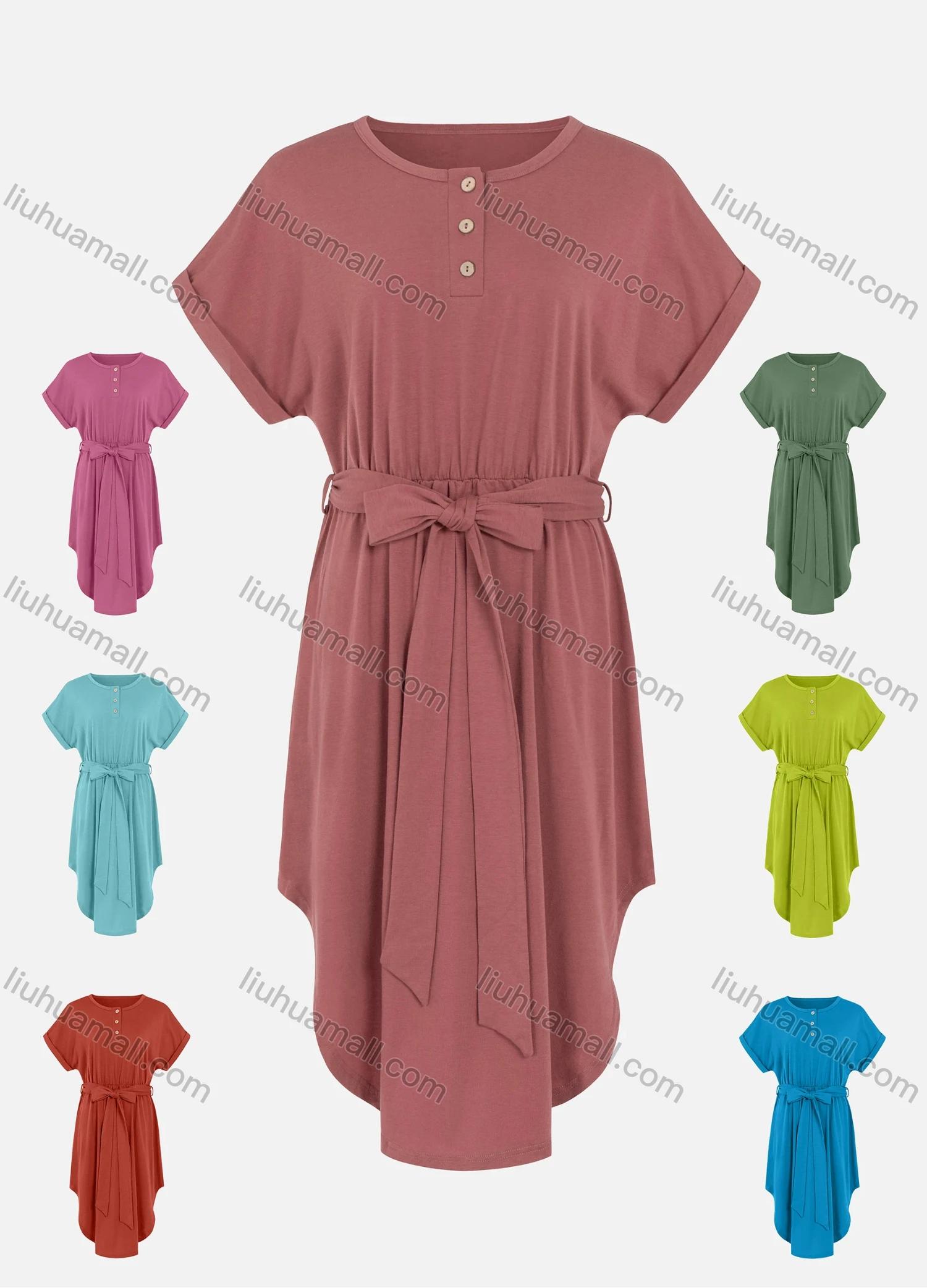 Wholesale Women's Short Sleeve Crew Neck Curved Hem Plain Casual Dress With Belt - Liuhuamall