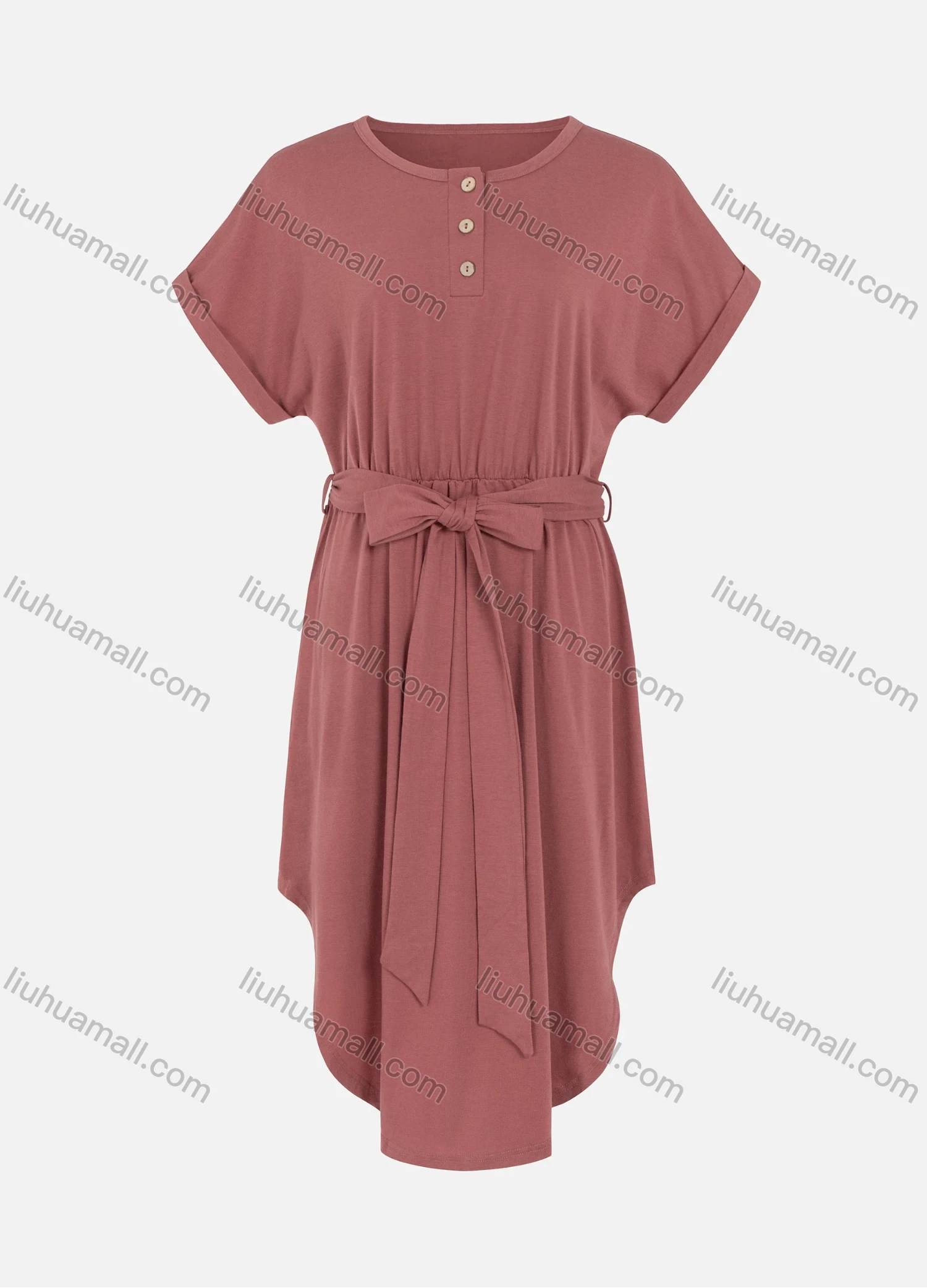 Wholesale Women's Short Sleeve Crew Neck Curved Hem Plain Casual Dress With Belt - Liuhuamall