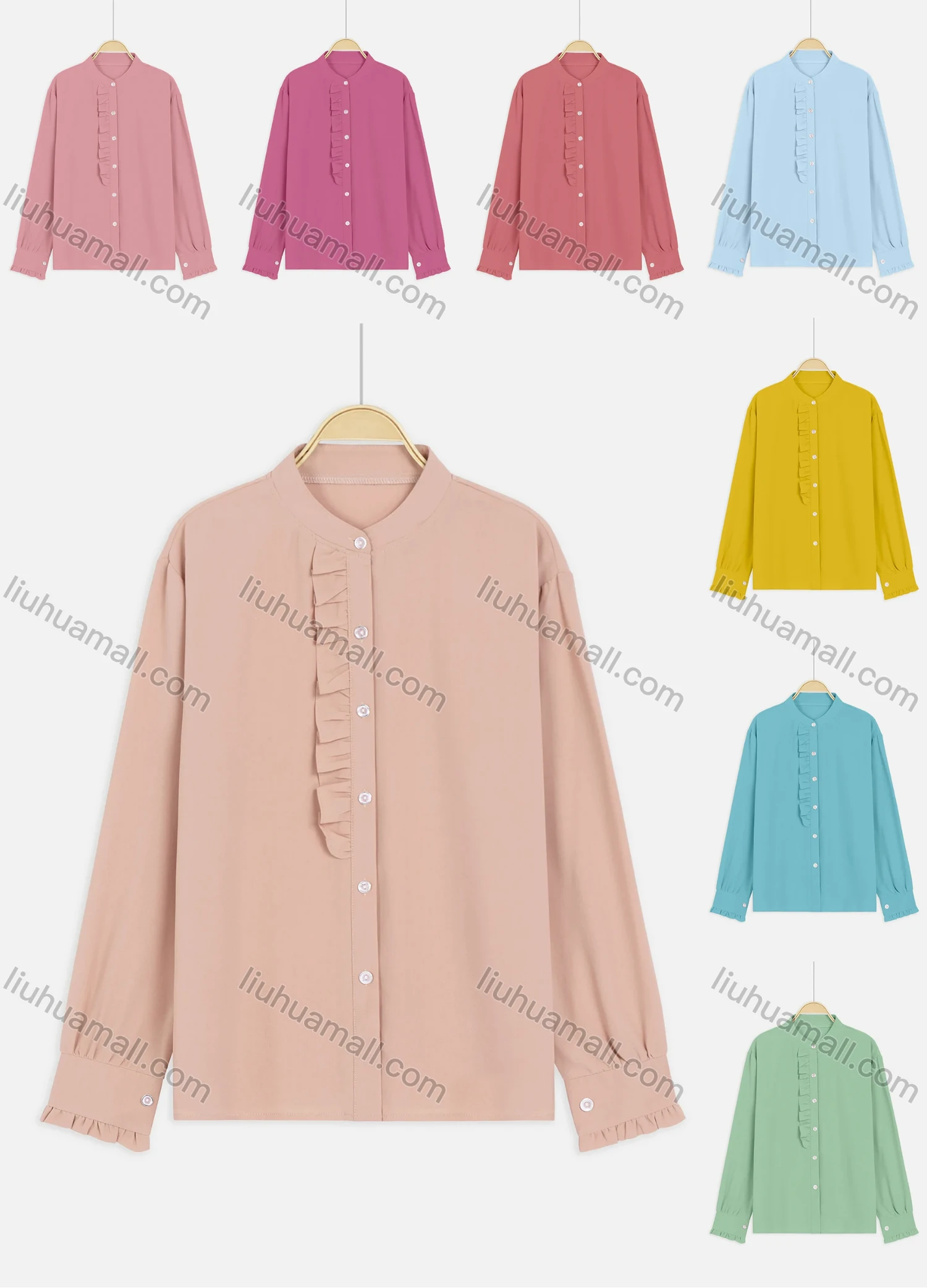 Wholesale Women's Casual Long Sleeve Buckled Cuff Ruffle Trim Plain Shirt - Liuhuamall