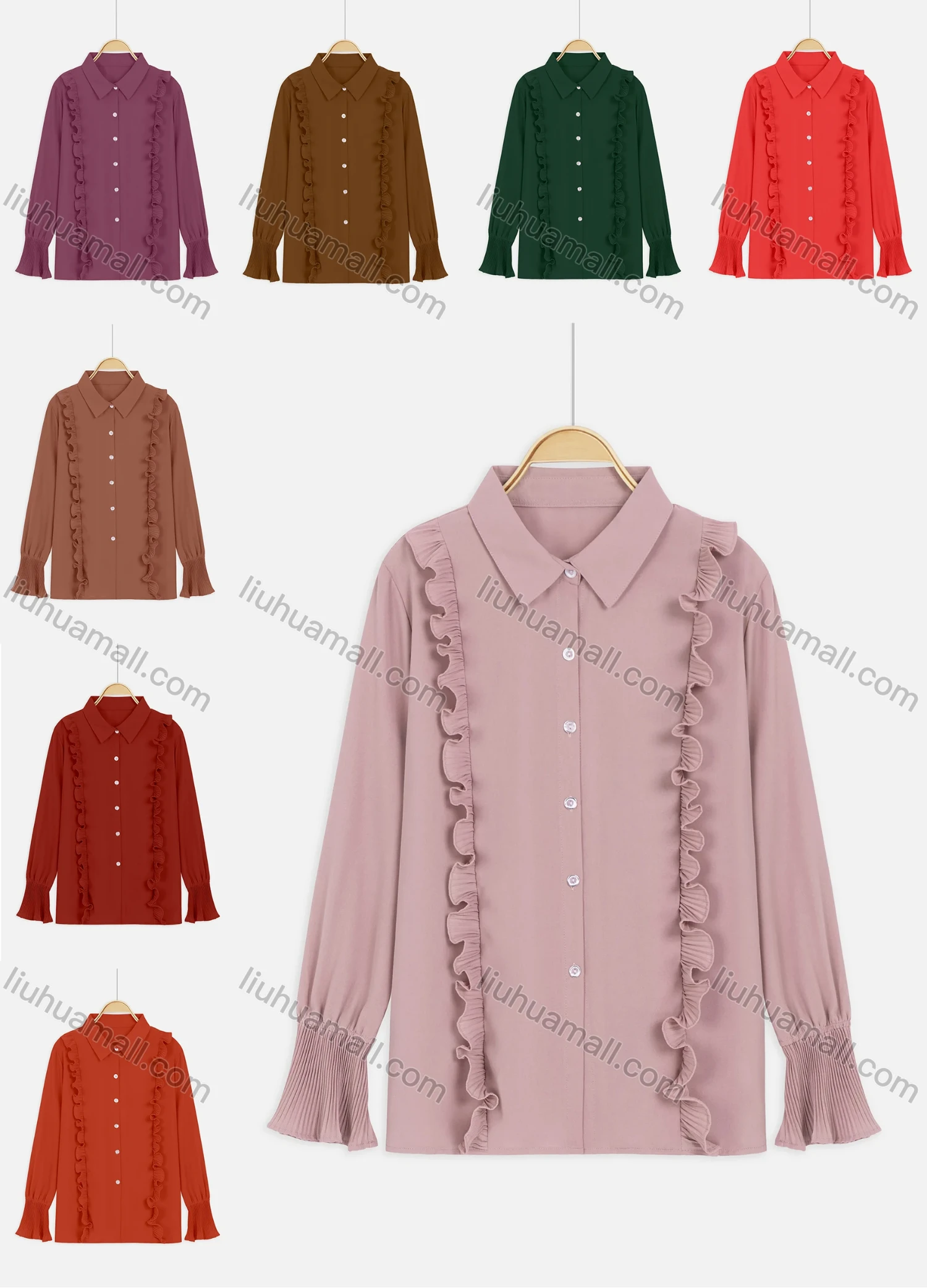 Wholesale Women's Casual Collared Ruffle Trim Long Sleeve Shirt - Liuhuamall