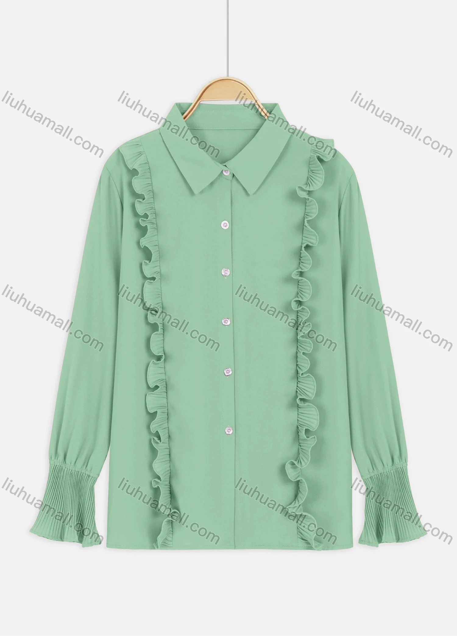 Wholesale Women's Casual Collared Ruffle Trim Long Sleeve Shirt - Liuhuamall