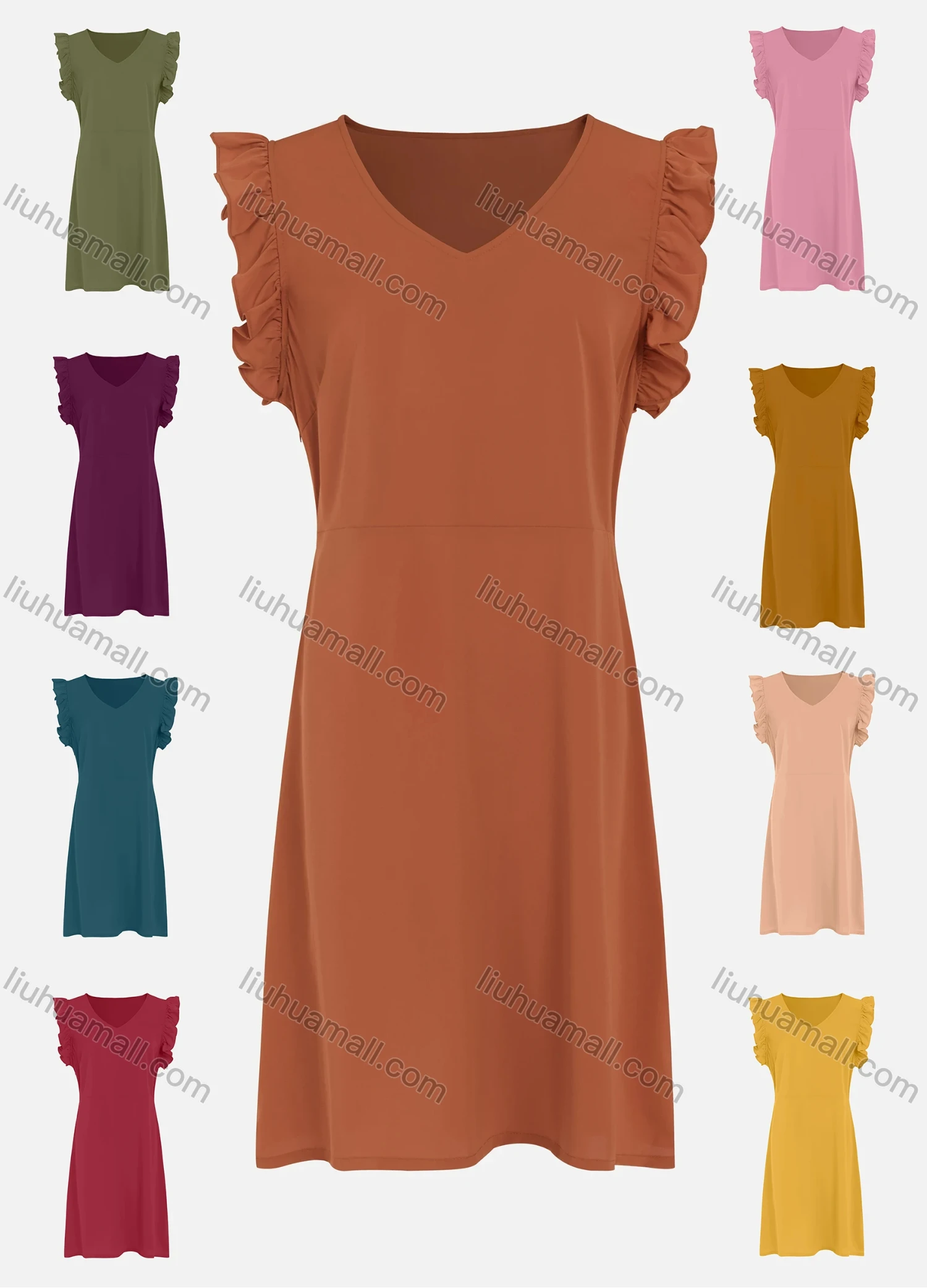 Wholesale Women's V Neck Ruffle Sleeve Plain Casual Dress - Liuhuamall