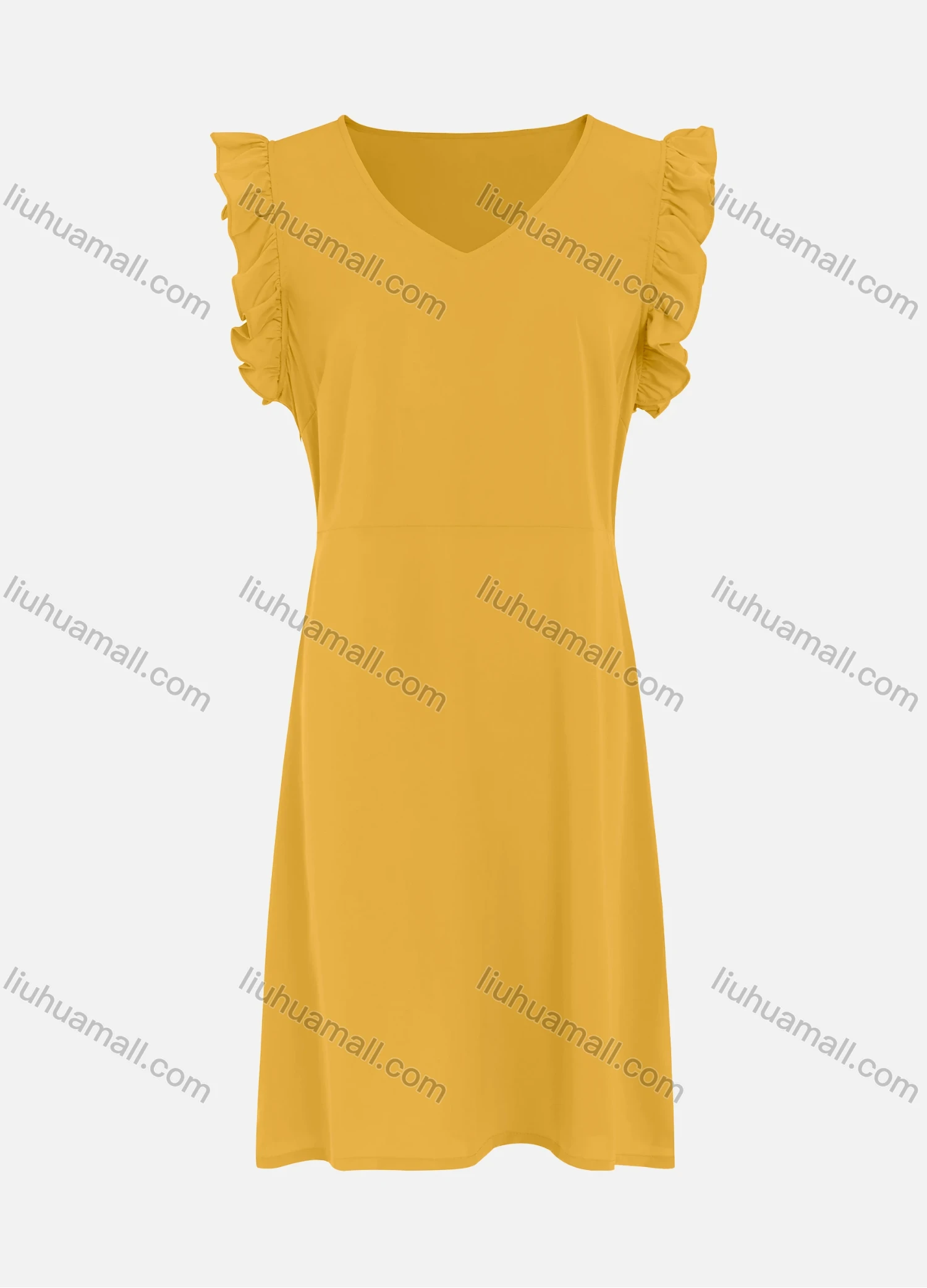 Wholesale Women's V Neck Ruffle Sleeve Plain Casual Dress - Liuhuamall
