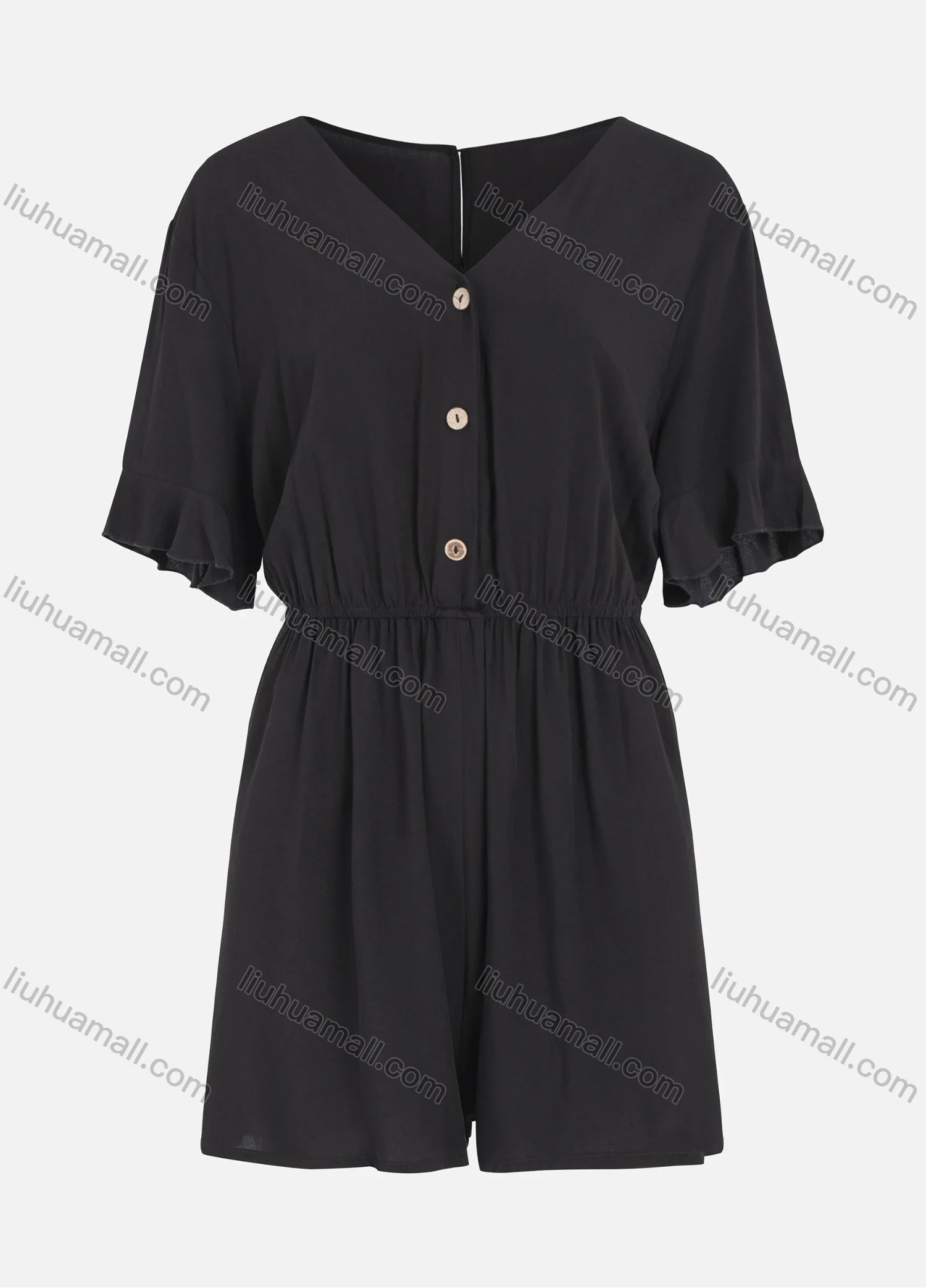 Wholesale Women's V Neck Button Front Short Sleeve Plain Casual Romper - Liuhuamall