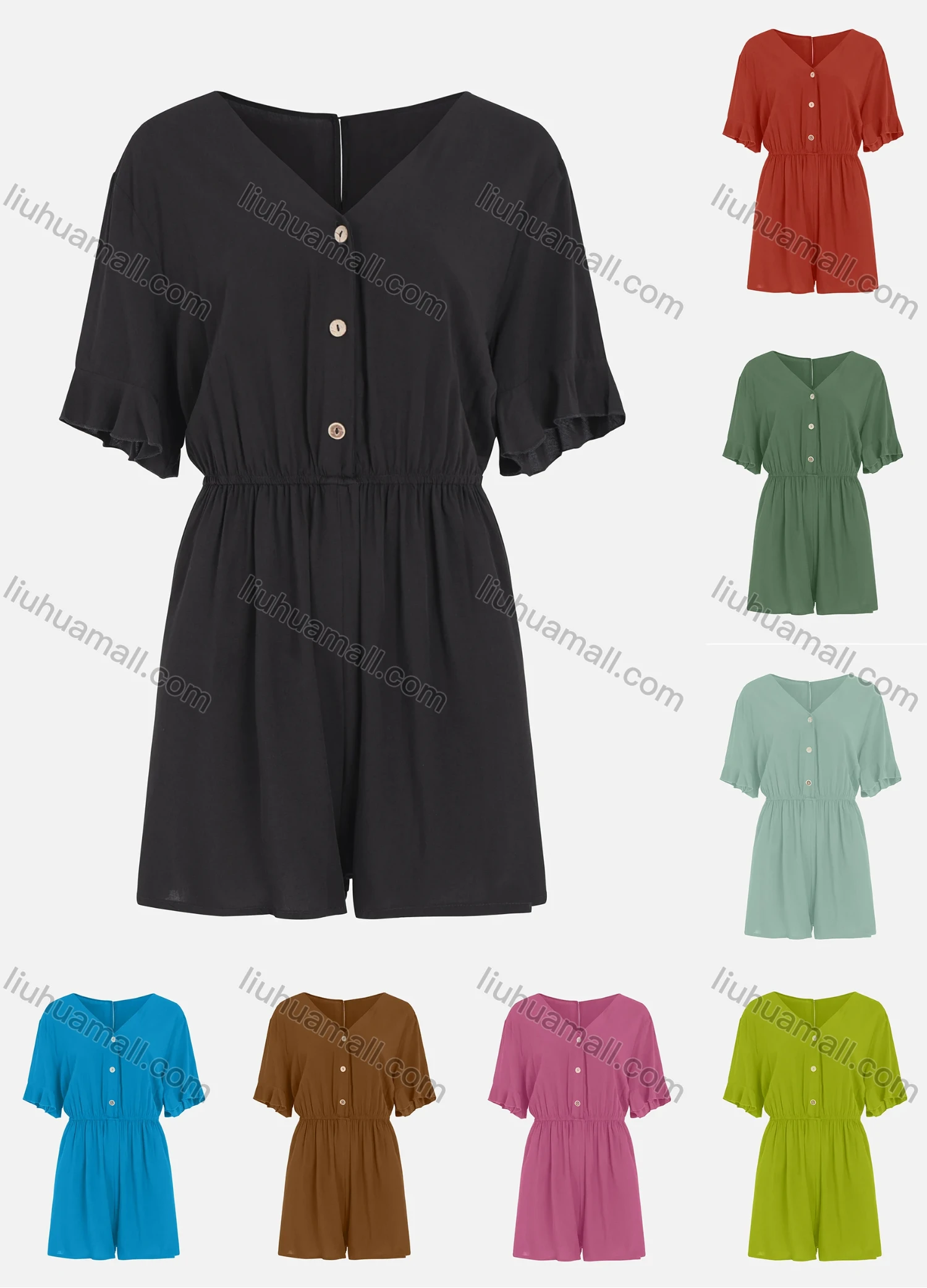 Wholesale Women's V Neck Button Front Short Sleeve Plain Casual Romper - Liuhuamall