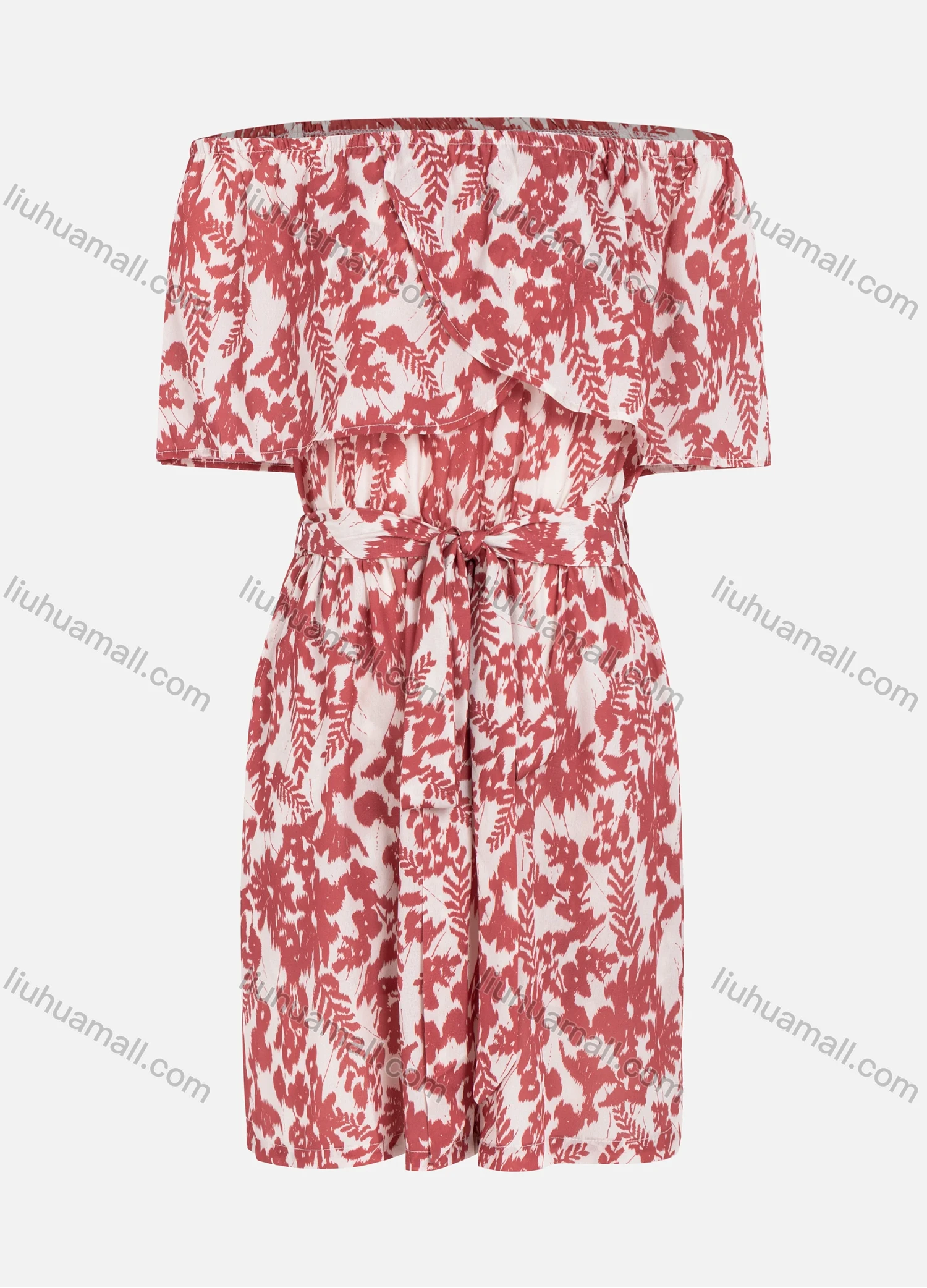 Wholesale Women's Casual Off Shoulder Floral Print Short Rompers With Belt - Liuhuamall