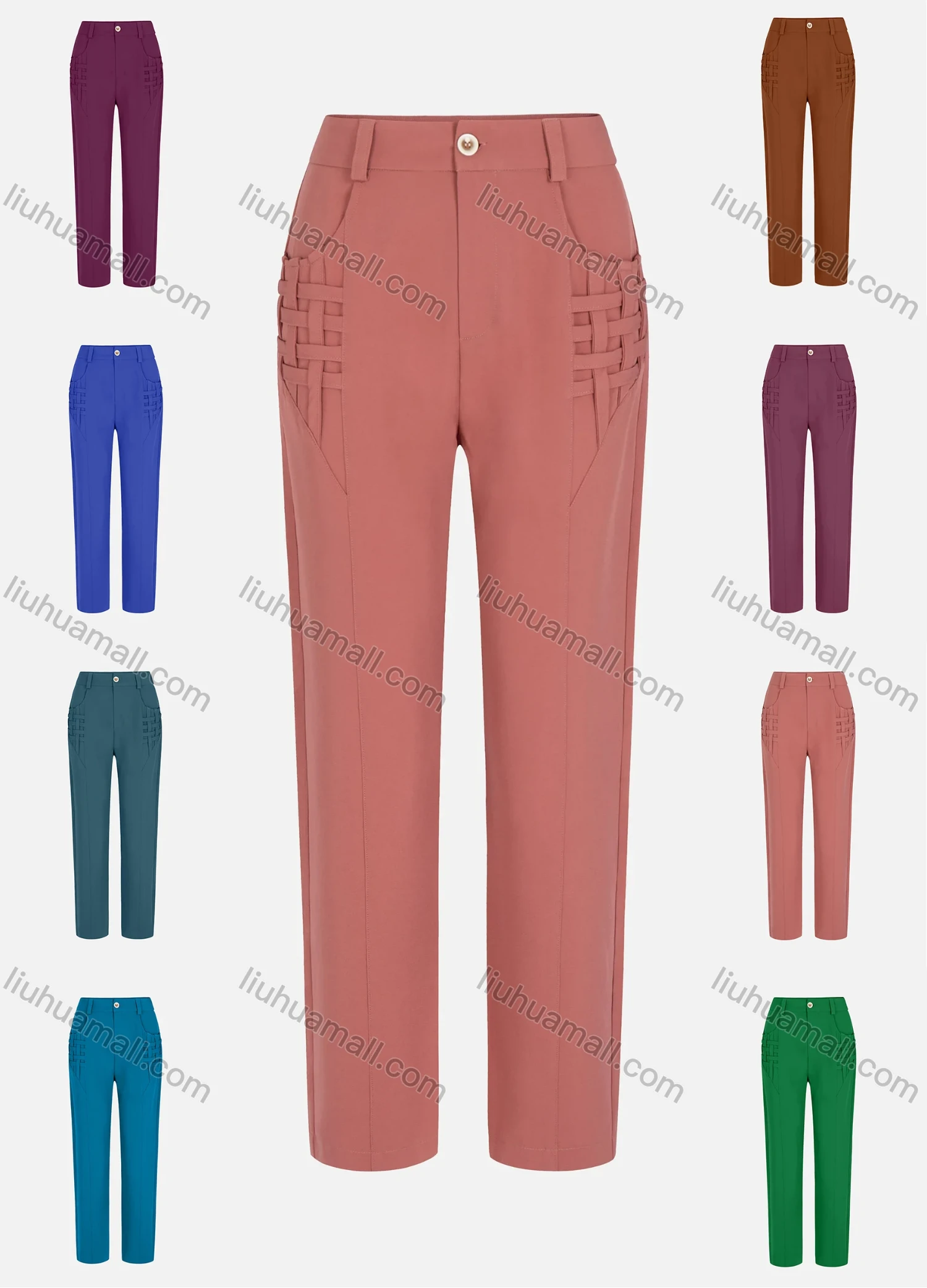 Wholesale Women's Casual Straight Leg High Waist Slim Fit Grid Plain Pant - Liuhuamall