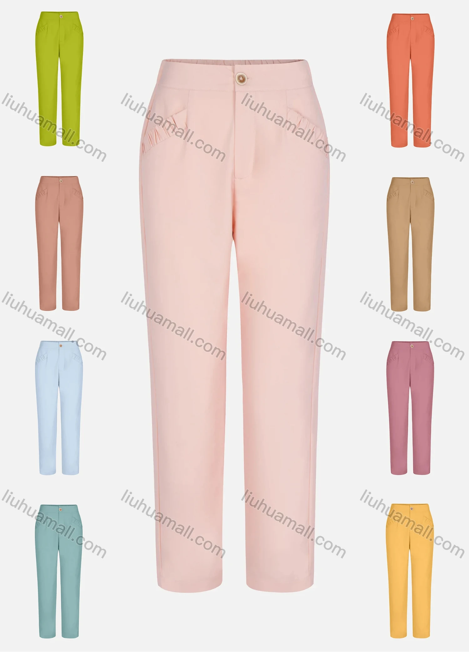 Wholesale Women's Casual Ruched Pocket Elastic High Waist Band Plain Pant - Liuhuamall