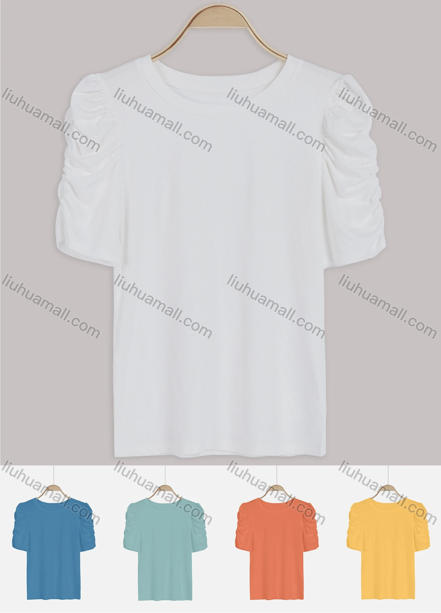 Wholesale Women's Casual Rib-Knit Puff Sleeve Round Neck Plain Top - Liuhuamall