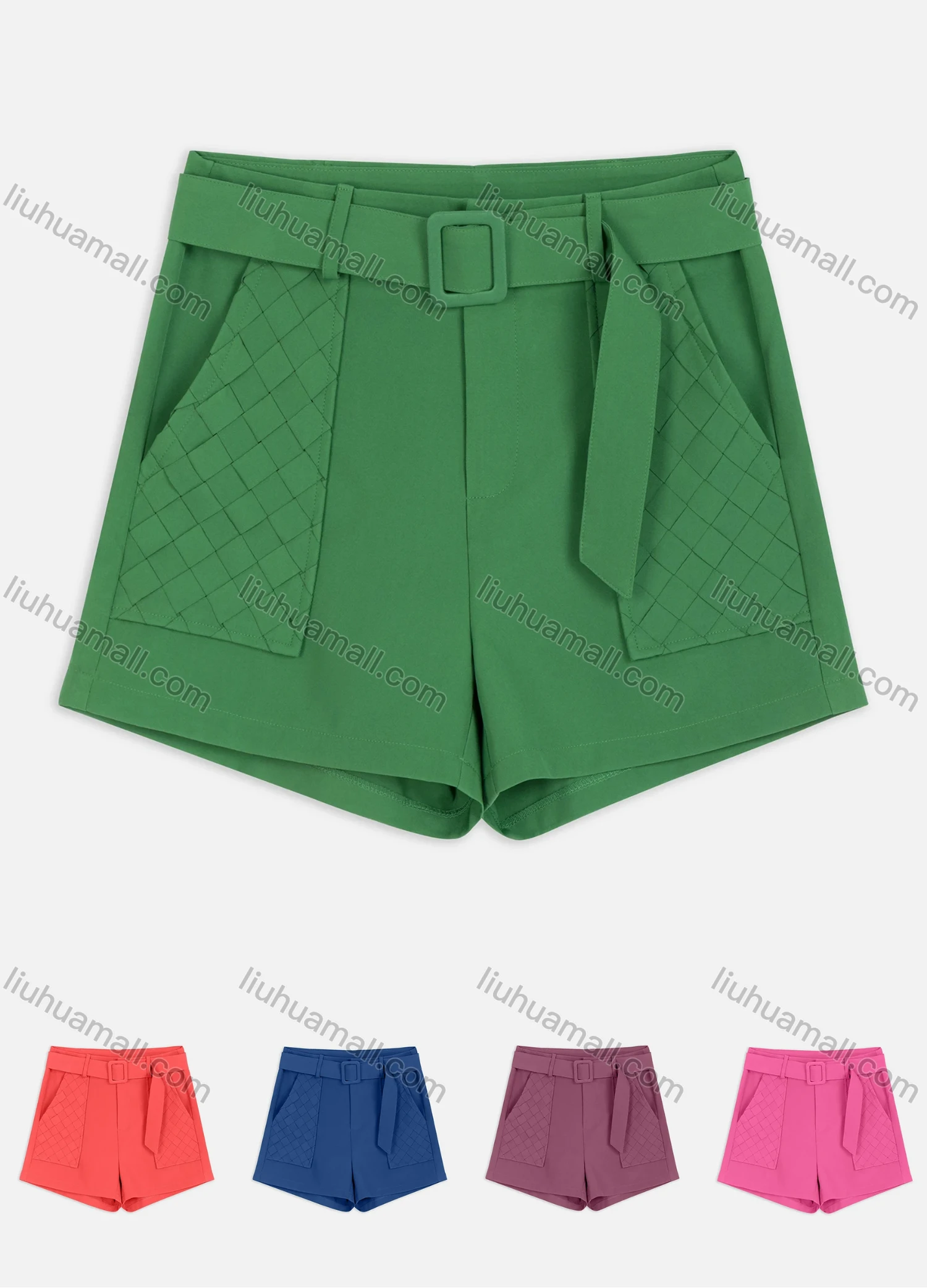 Wholesale Women's Casual Plain Grid Pocket Long Belt Hot Shorts - Liuhuamall
